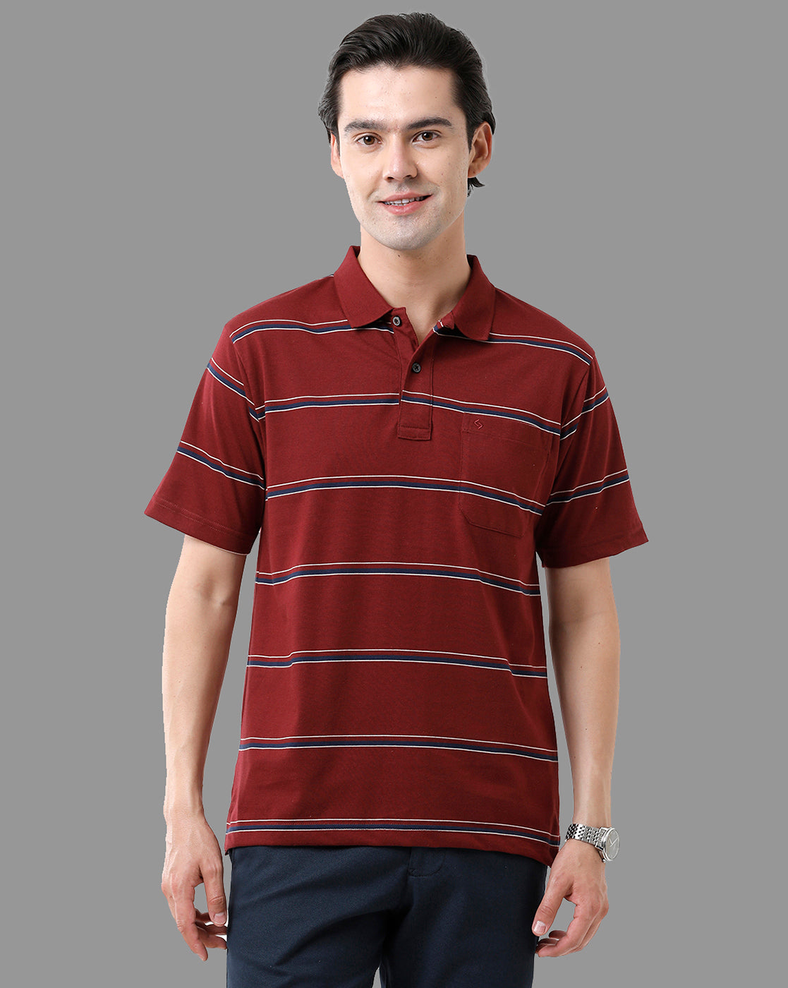 Classic Polo Mens Cotton Blend Half Sleeve Striped Authentic Fit Polo Neck Maroon Color T-Shirt | Avon - 501 A