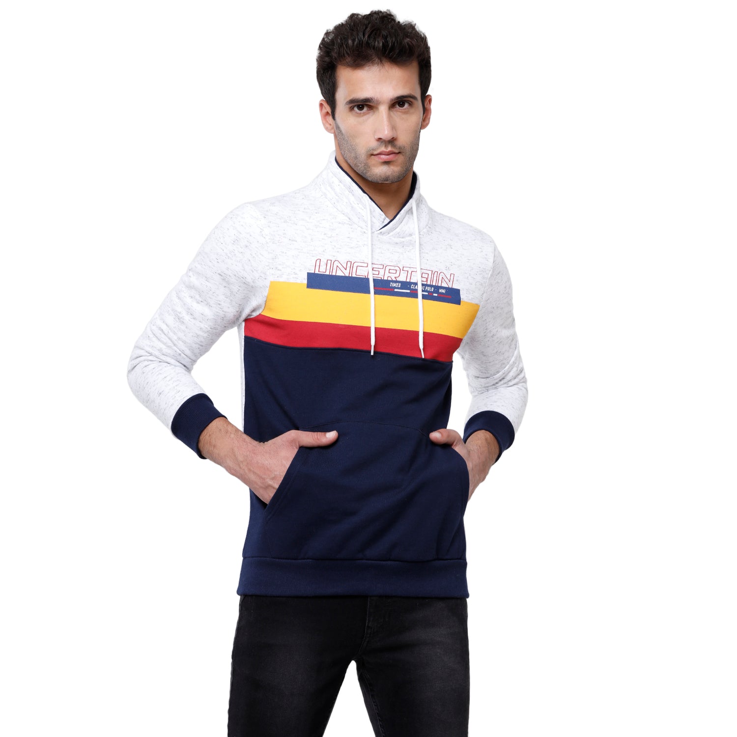 Classic Polo Men's Color Block Full Sleeve White & Navy H Neck Sweat Shirt - CPSS-324 A Sweat Shirts Classic Polo 