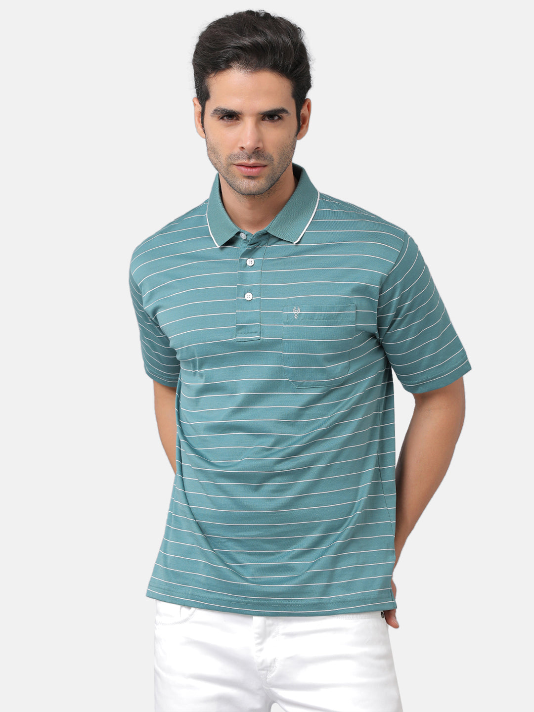 Classic Polo Mens Cotton Striped Authentic Fit Polo Neck Green Color T-Shirt | Ultimo 271b