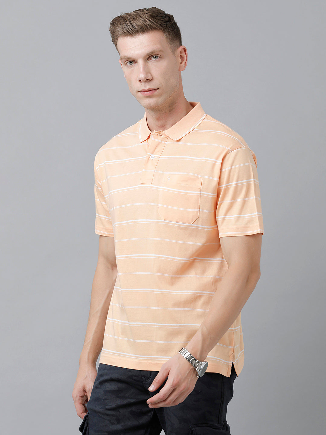 Classic Polo Men's Cotton Half Sleeve Striped Authentic Fit Polo Neck Coral Color T-Shirt | Ap - 88 B