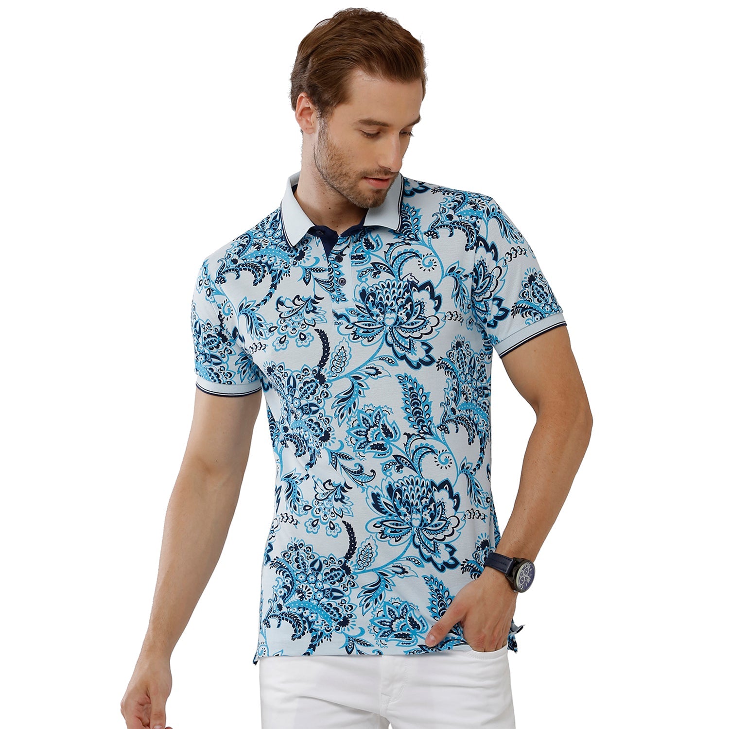Classic Polo Bro Mens 100% Cotton Printed Half Sleeve Slim Fit Polo Neck Multicolor T-Shirt (BRP - 328 B SF P) Classic Polo 