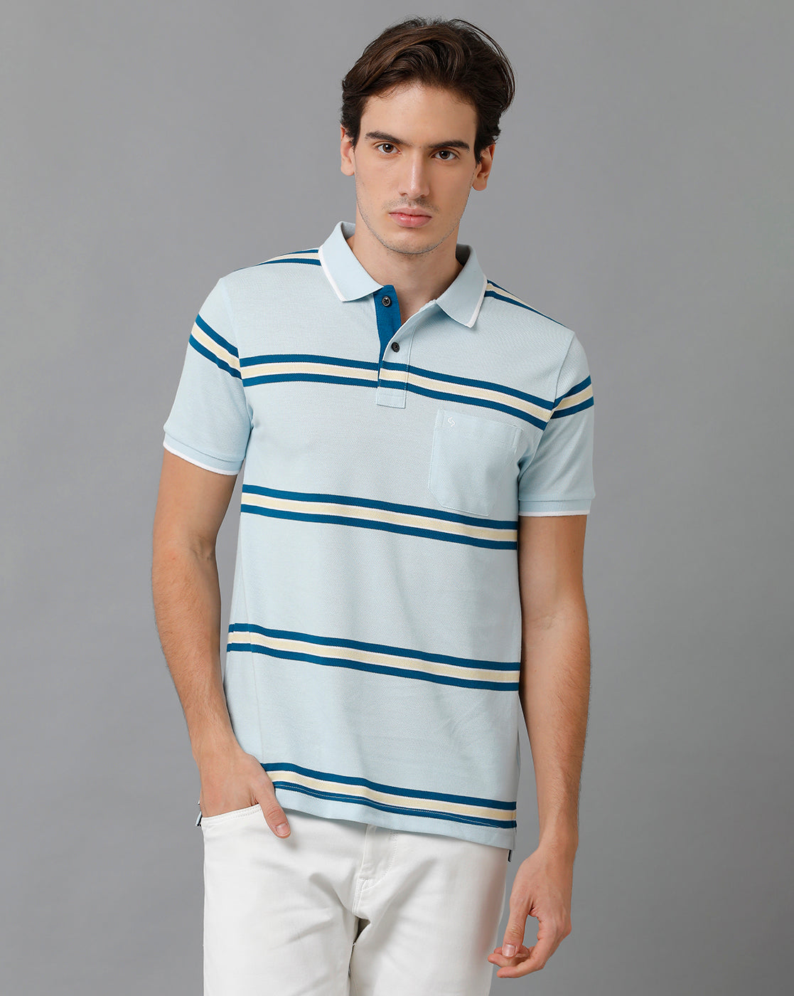 Classic Polo Men's Cotton Blend Half Sleeve Striped Slim Fit Polo Neck Light Blue Color T-Shirt | Adore - 192 B