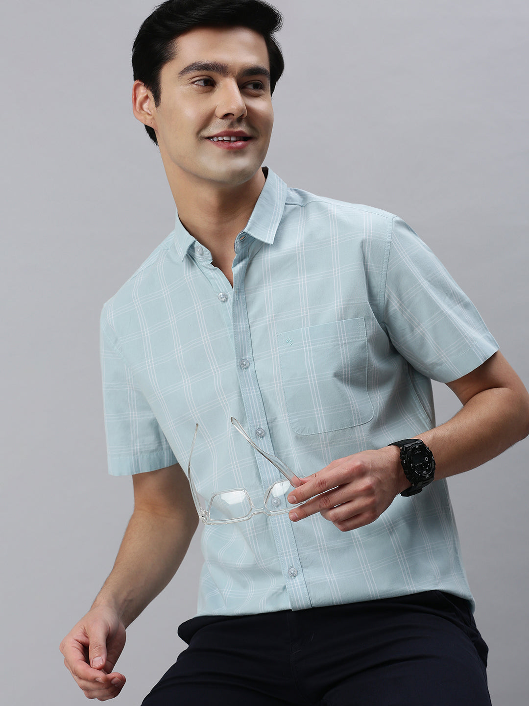 Classic Polo Men's Cotton Half Sleeve Checked Slim Fit Collar Neck Light Blue Color Woven Shirt | So1-140 A