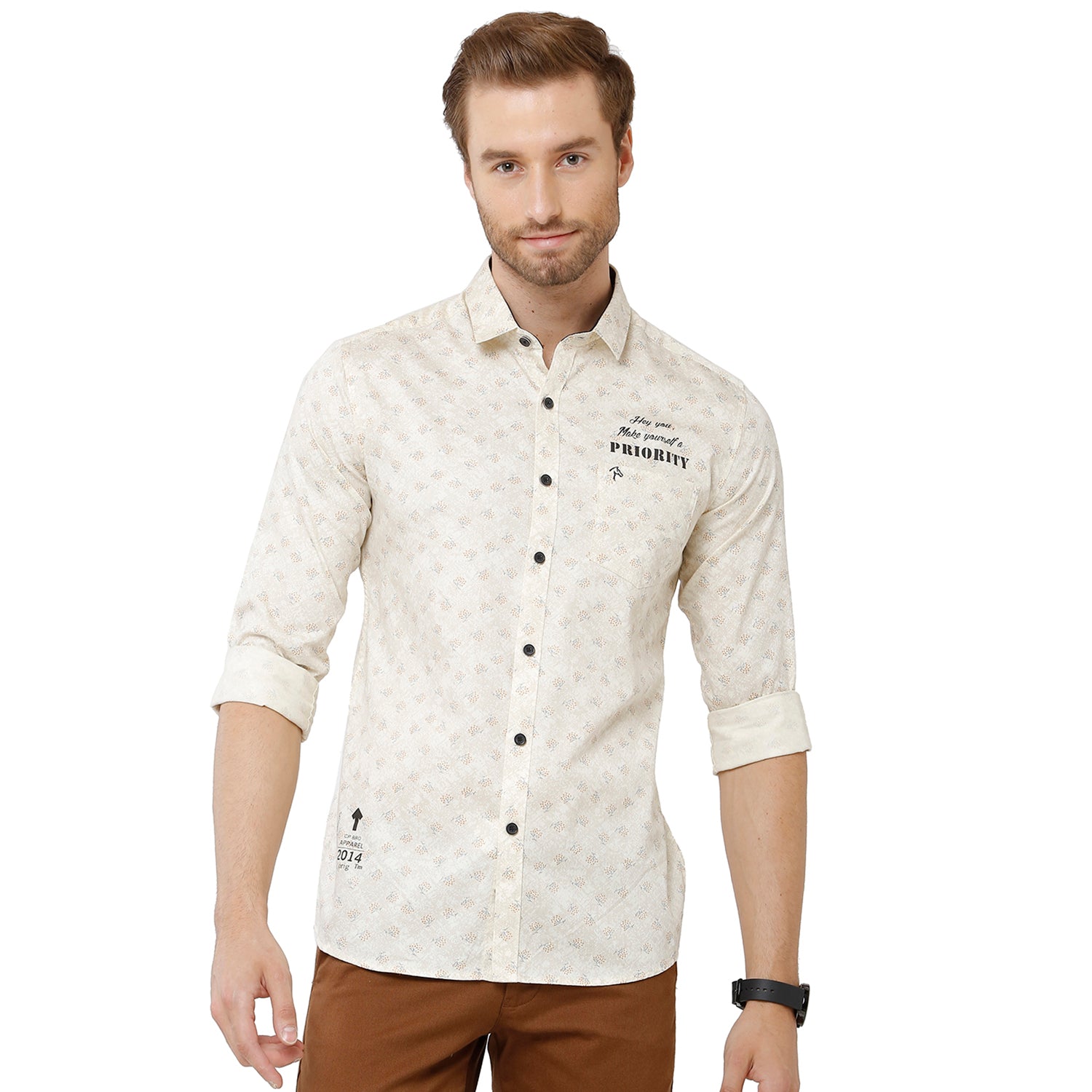 Classic Polo Bro Mens 100% Cotton Printed Full Sleeve Slim Fit Polo Neck White Color Woven Shirt (SBN1-30 A-FS-PRT-BSL) Classic Polo 