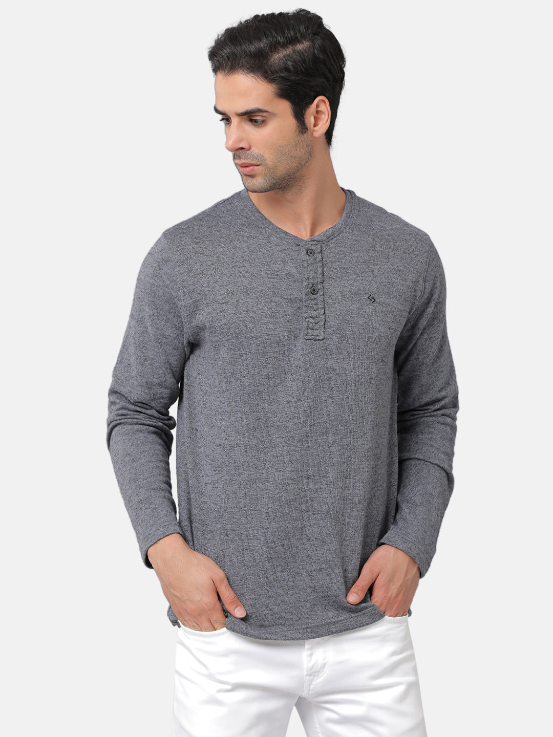 Classic Polo Mens Cotton Solid Slim Fit Full Sleeve Round Neck Grey Color T-Shirt | Verno 309c