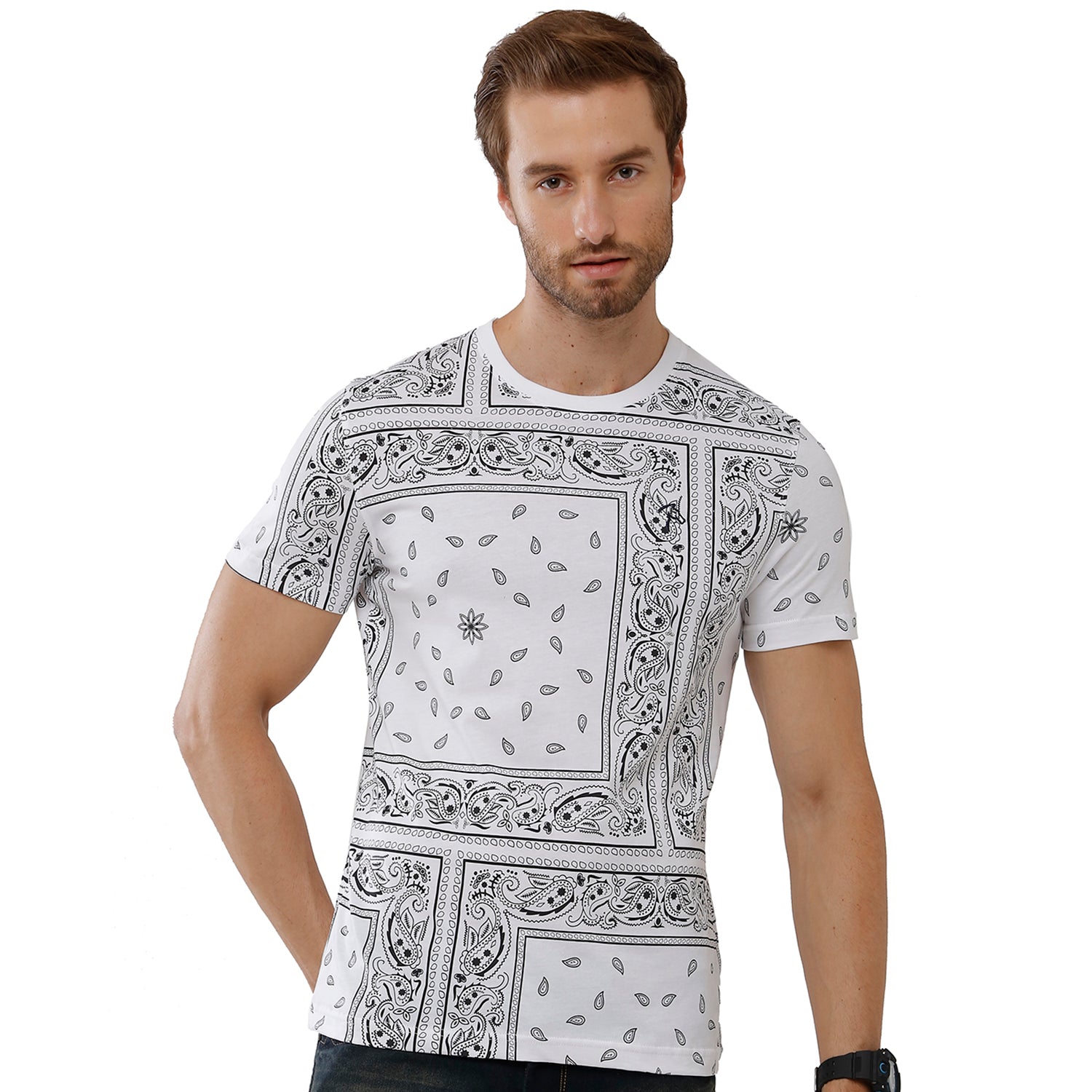 Classic Polo Bro Mens 100% Cotton Printed Half Sleeve Slim Fit Crew Neck White Color T-Shirt (BRCN - 473 B SF C) Classic Polo 