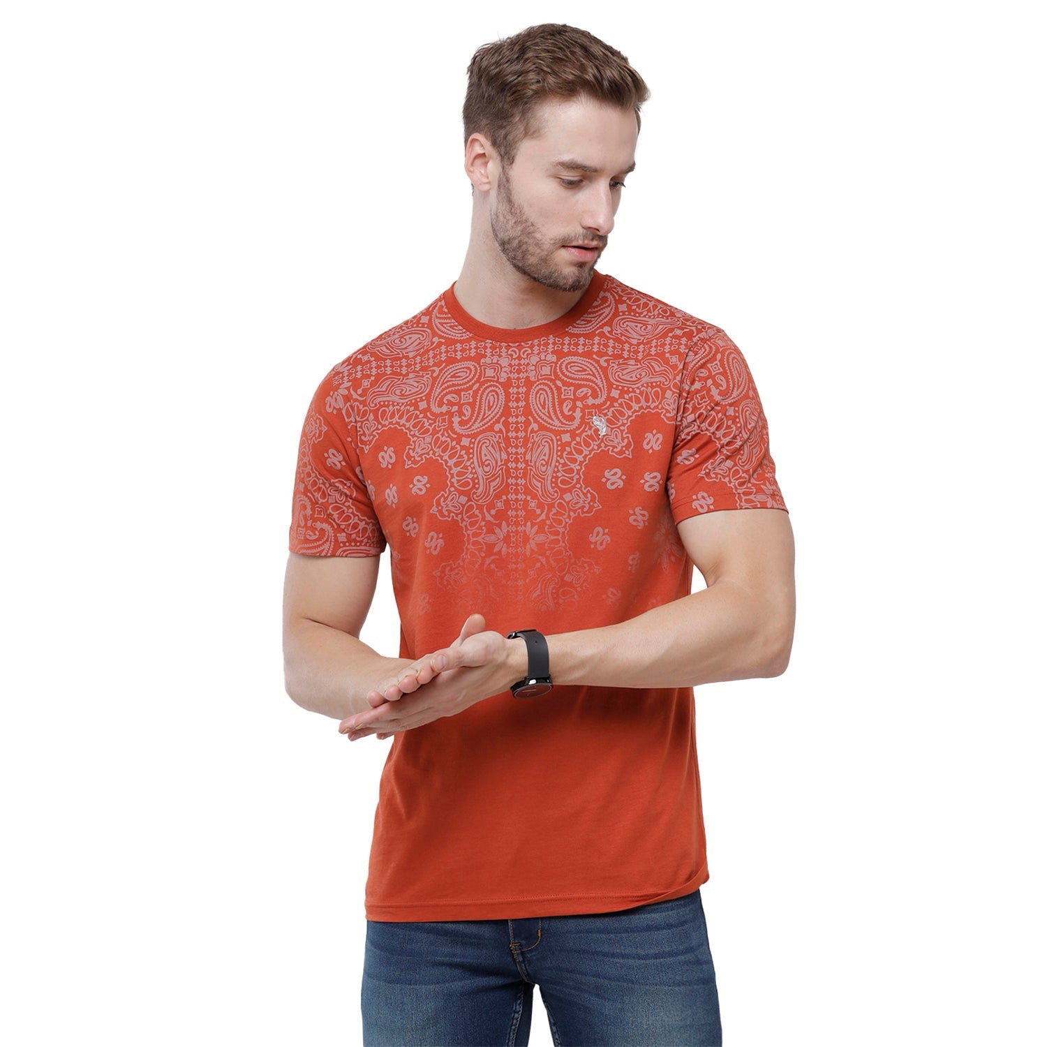 Swiss Club Mens Red Printed Slim Fit Half Sleeve Round Neck T-Shirt (CUB - 54 B SF C) T-shirt Swiss Club 