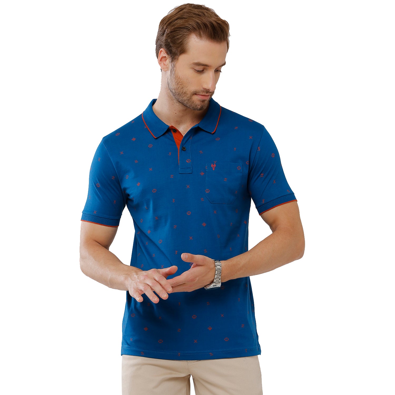 Classic Polo Mens 100% Cotton Printed Slim Fit Azure Blue Color Polo Neck T-Shirt -BELLO 169 A Classic Polo 