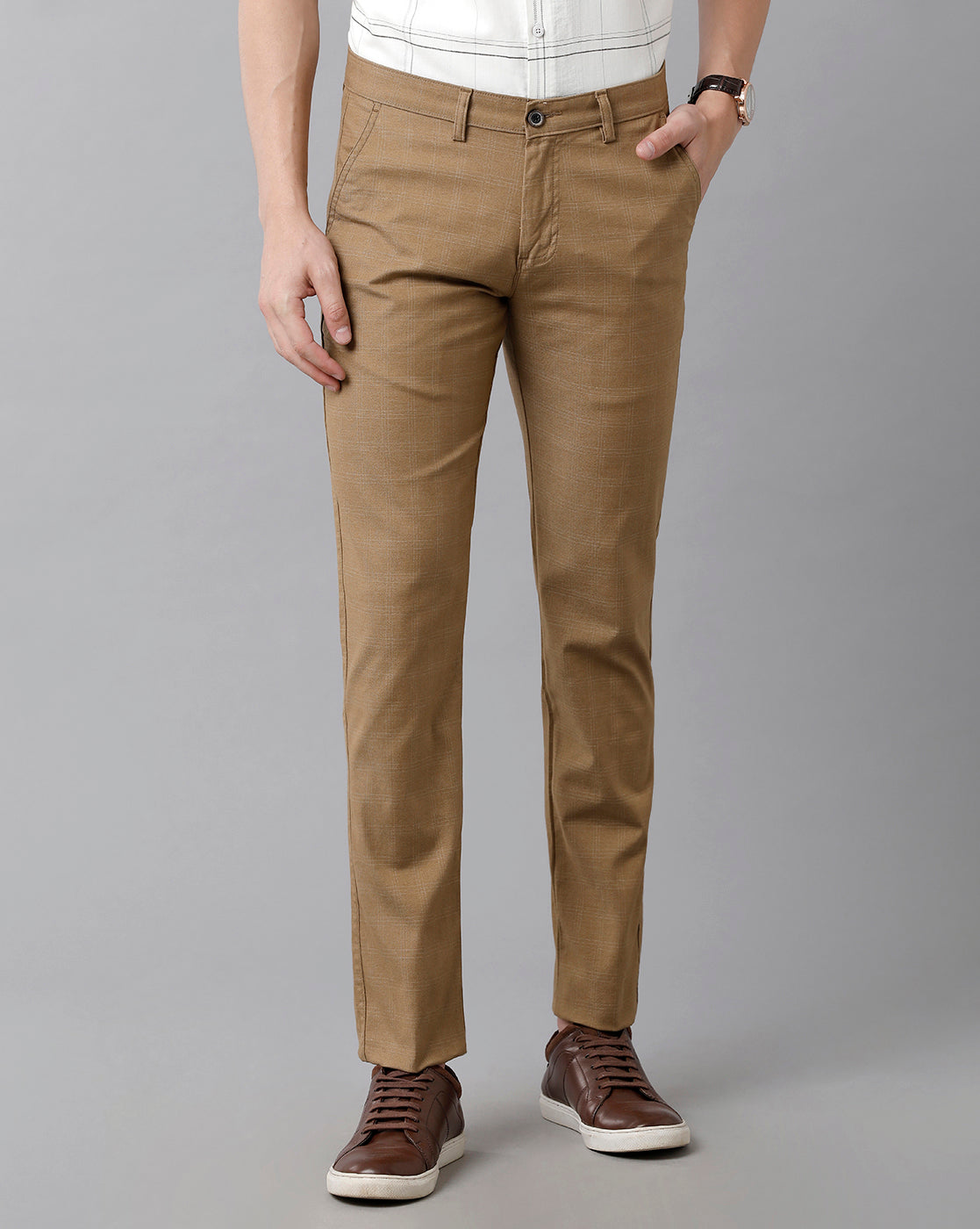 CP BRO Men's Cotton Checked Slim Fit Khaki Color Trousers | Tbn2-09 A