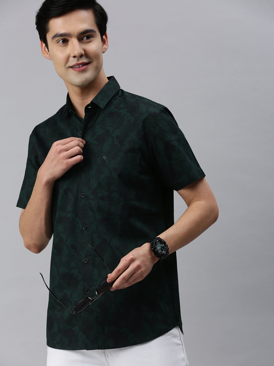 Classic Polo Men's Cotton Half Sleeve Printed Slim Fit Collar Neck Navy Color Woven Shirt | So1-11 A
