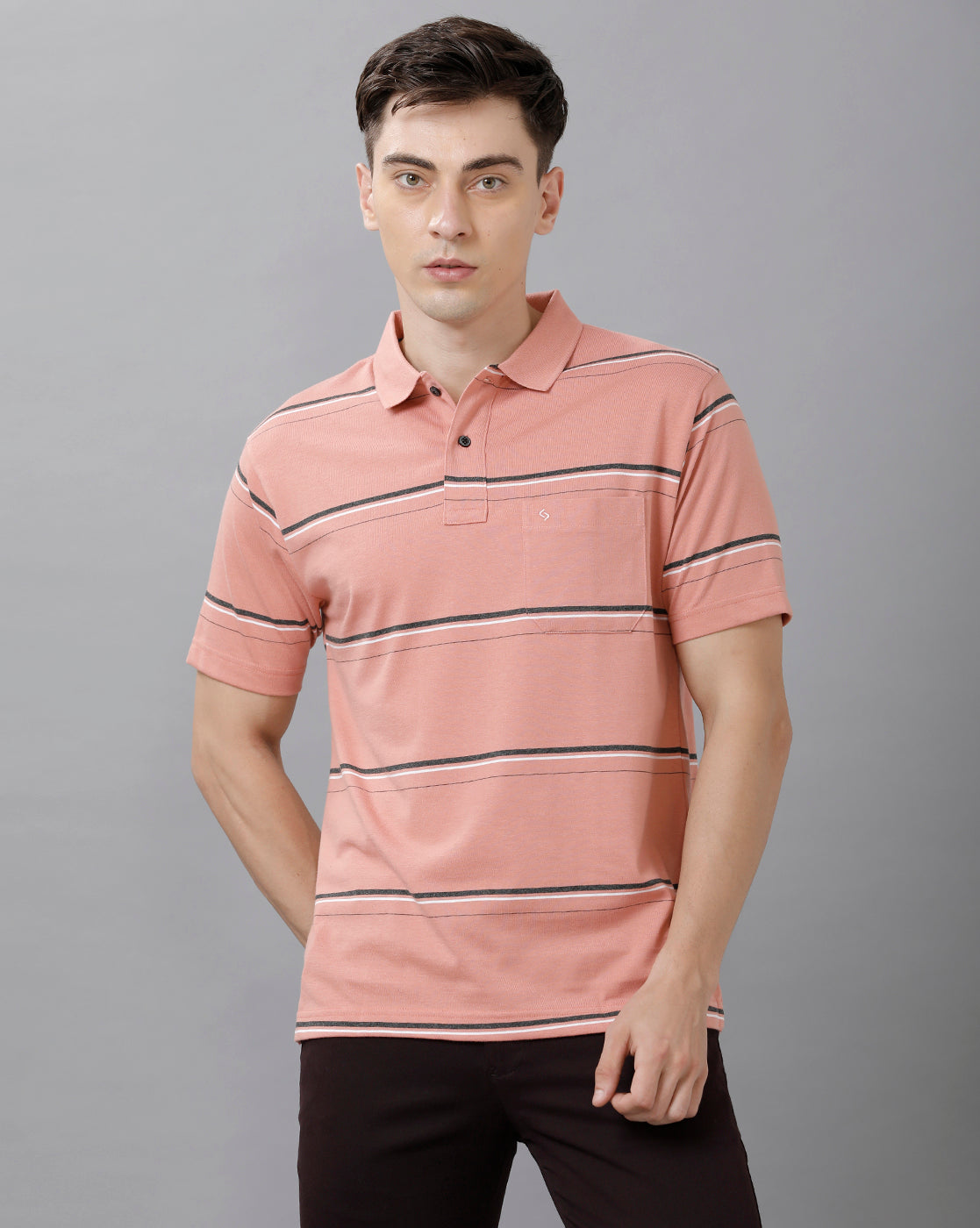 Classic Polo Mens Cotton Blend Striped Half Sleeve Authentic Fit Polo Neck Coral Color T-Shirt | Avon 492 B