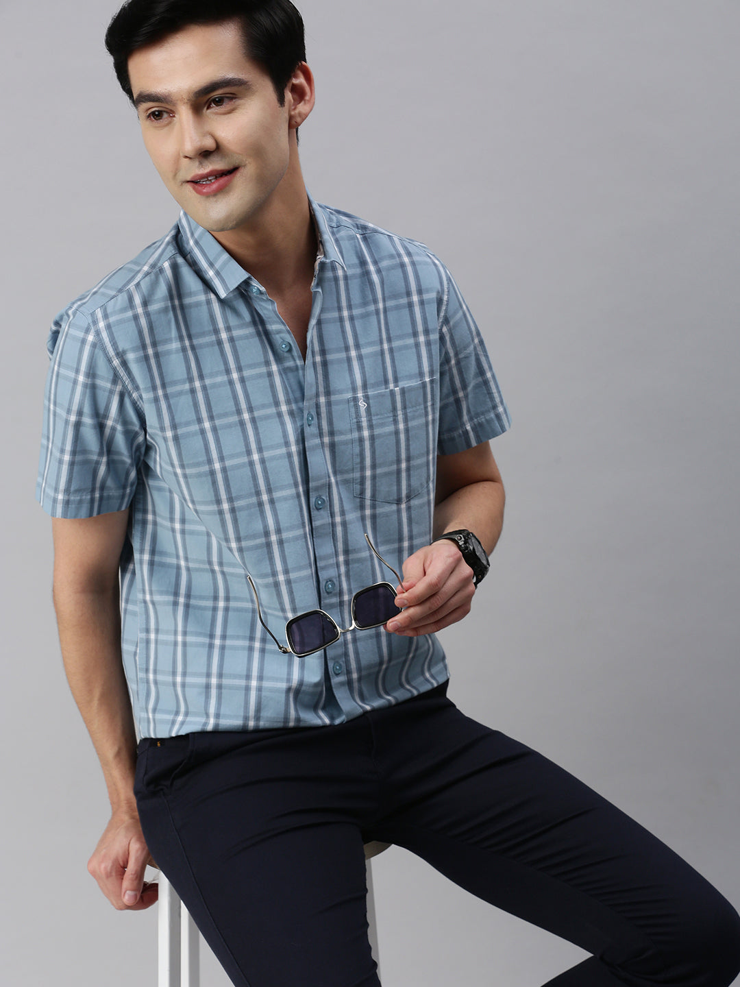 Classic Polo Men's Cotton Half Sleeve Checked Slim Fit Collar Neck Blue Color Woven Shirt | So1-106 A