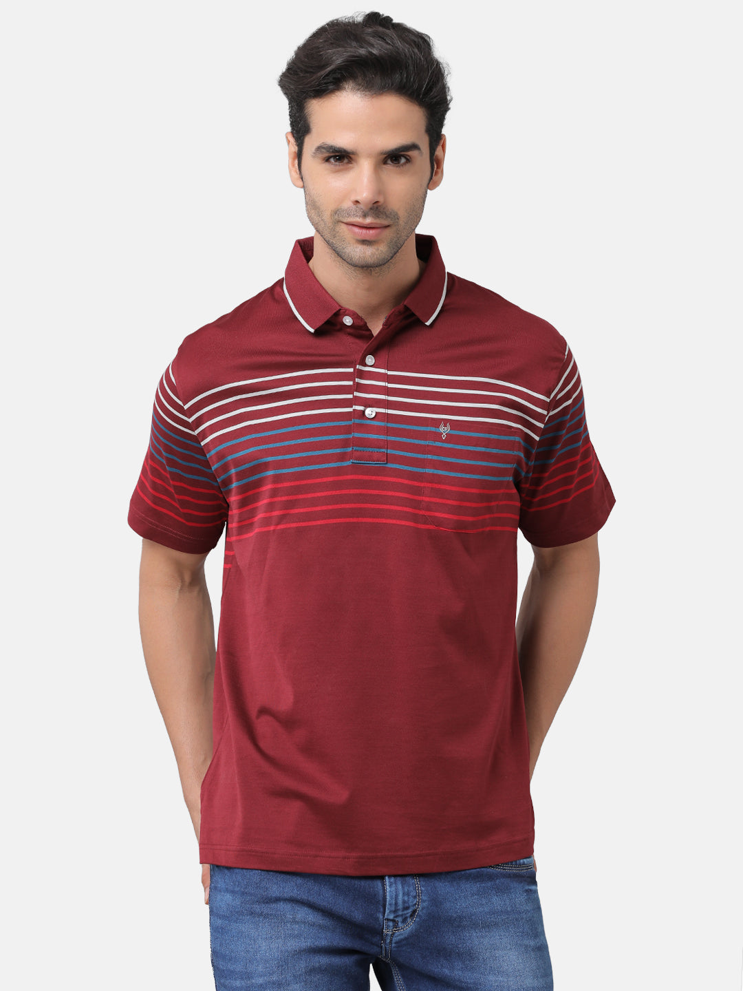 Classic Polo Mens Striped Authentic Fit Polo Neck Maroon Color T-Shirt | Ultimo 275A