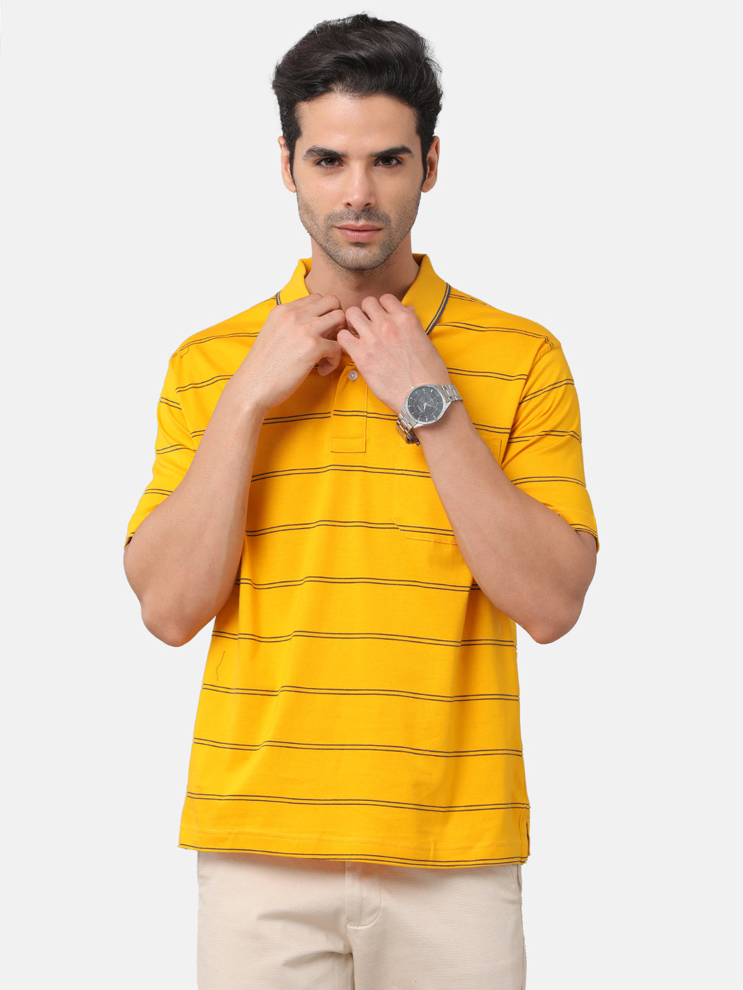 Classic Polo Mens Cotton Striped Authentic Fit Polo Neck Yellow Color T-Shirt | Ap-76a