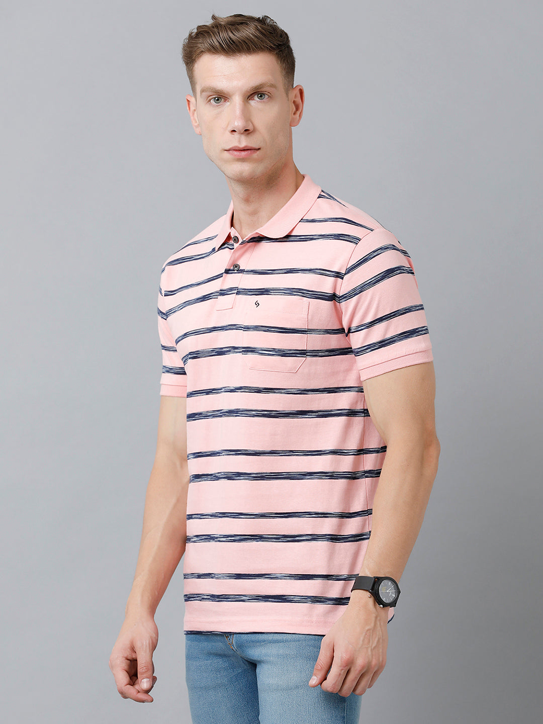 Classic Polo Men's Cotton Half Sleeve Striped Authentic Fit Polo Neck Pink Color T-Shirt | Nexon - 03 A