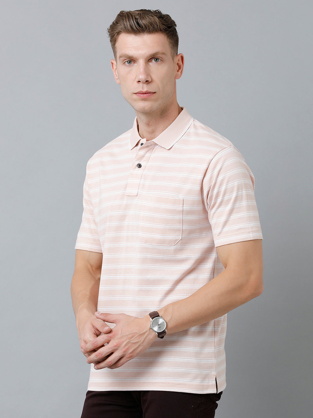 Classic Polo Men's Cotton Half Sleeve Striped Authentic Fit Polo Neck Beige Color T-Shirt | Feeders - 223 B