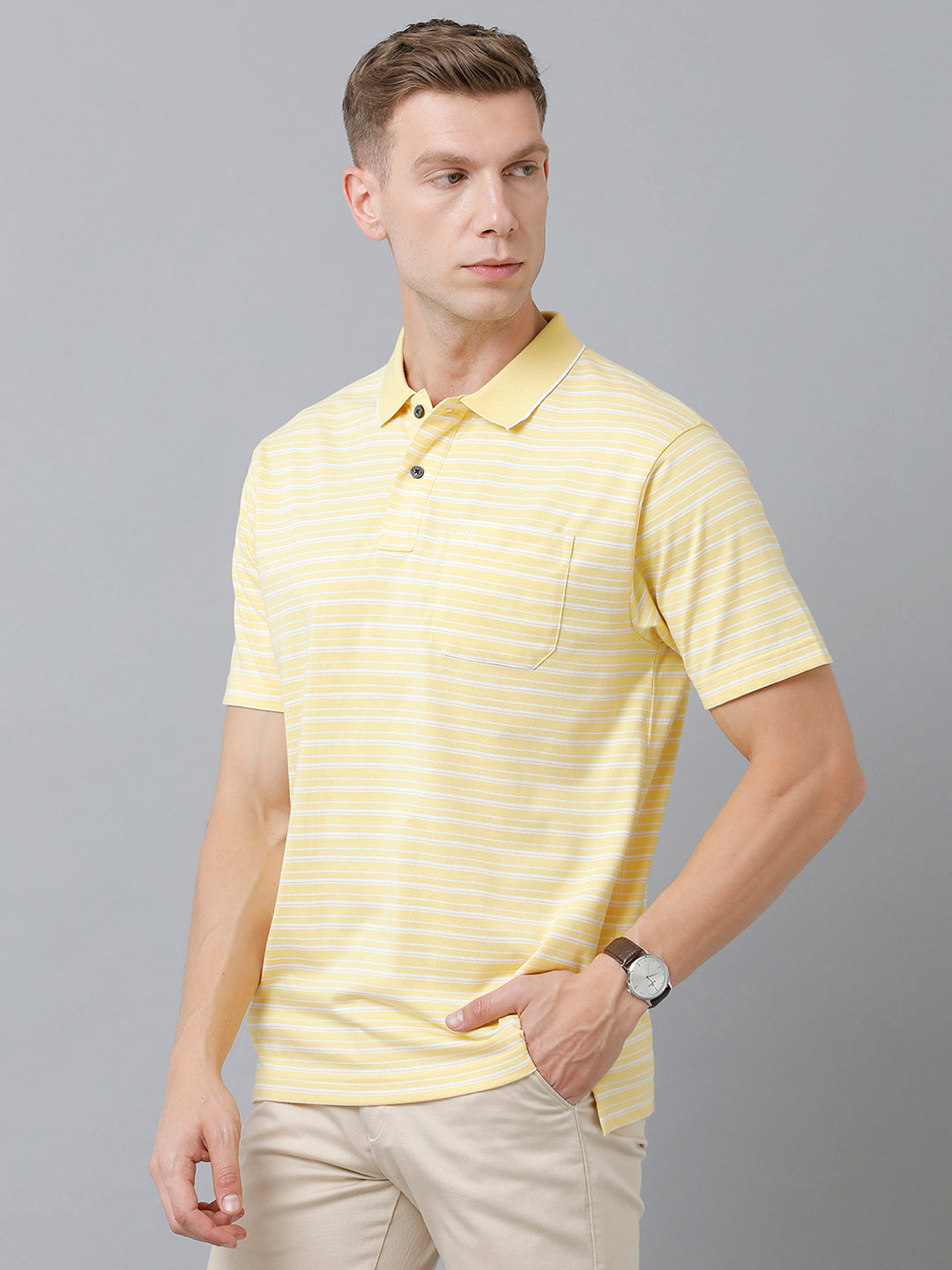 Classic Polo Men's Cotton Half Sleeve Striped Authentic Fit Polo Neck Yellow Color T-Shirt | Feeders - 211 A