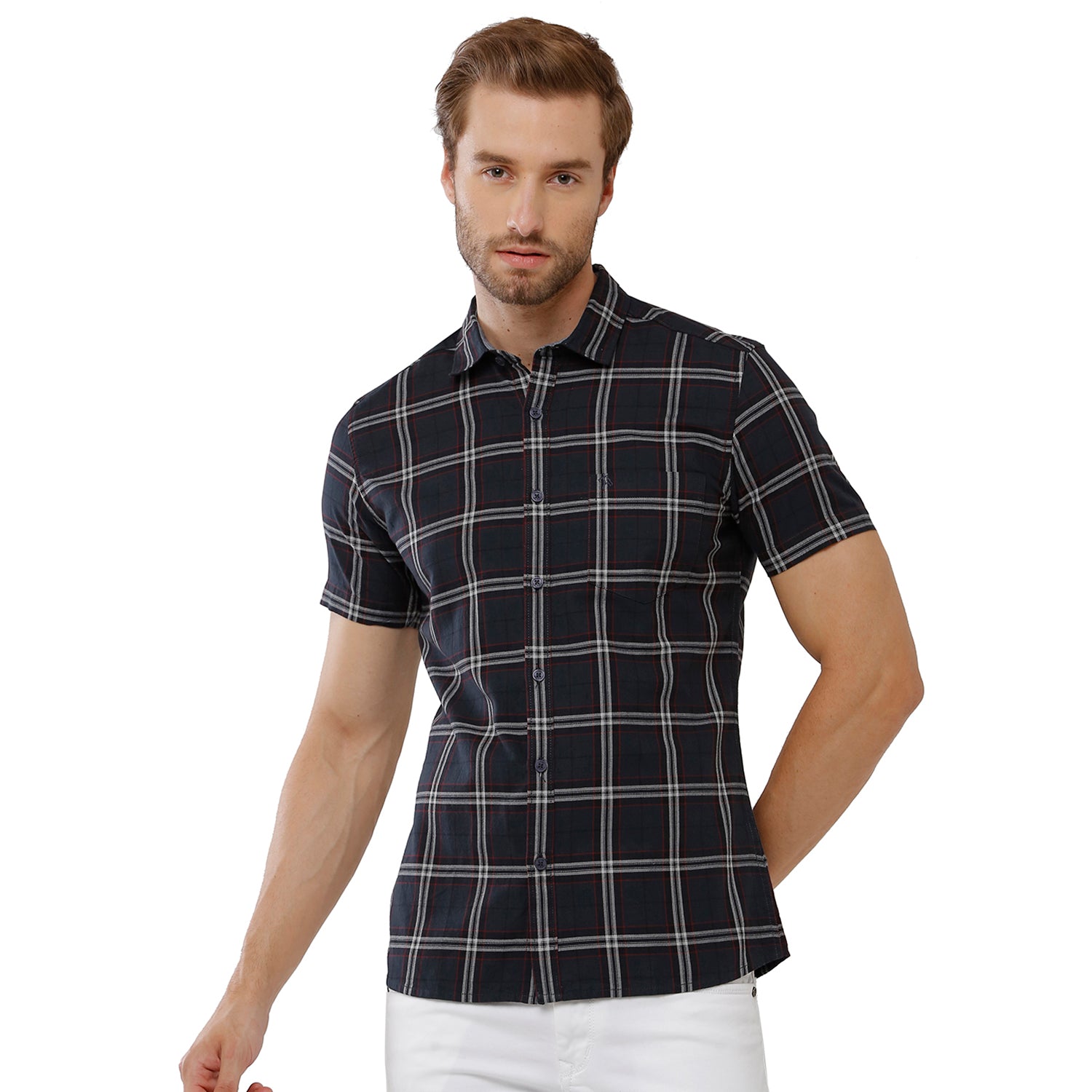 Classic Polo Bro Mens 100% Cotton Checked Half Sleeve Slim Fit Polo Neck Blue Color Woven Shirt (SBN1-68 A-HS-CHK-BSL) Classic Polo 