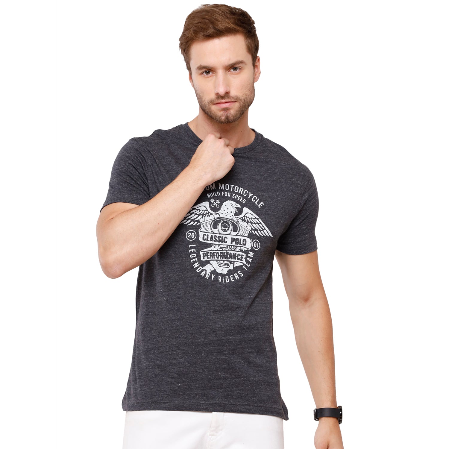 Classic Polo Mens Chest Print Half Sleeve Slim Fit Crew Neck T-Shirt (FLASH-RN-110 SF C) T-shirt Classic Polo 