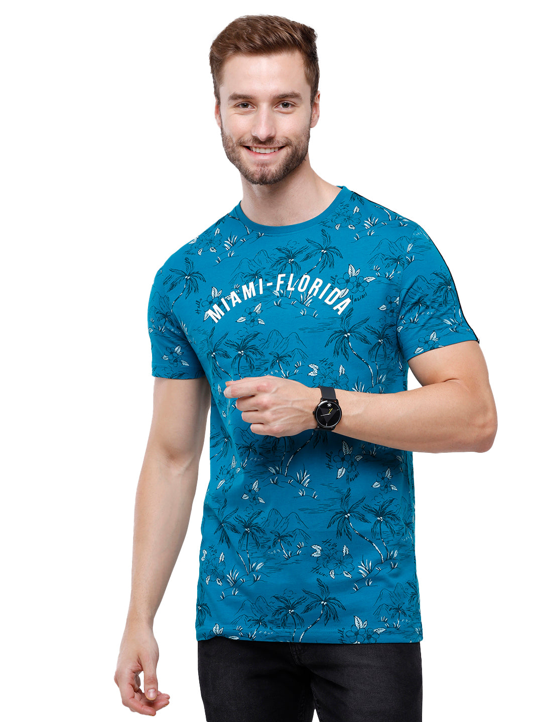 Swiss Club Mens Blue Printed Slim Fit Half Sleeve Round Neck T-Shirt (CUB - 51 A SF C) T-shirt Swiss Club 