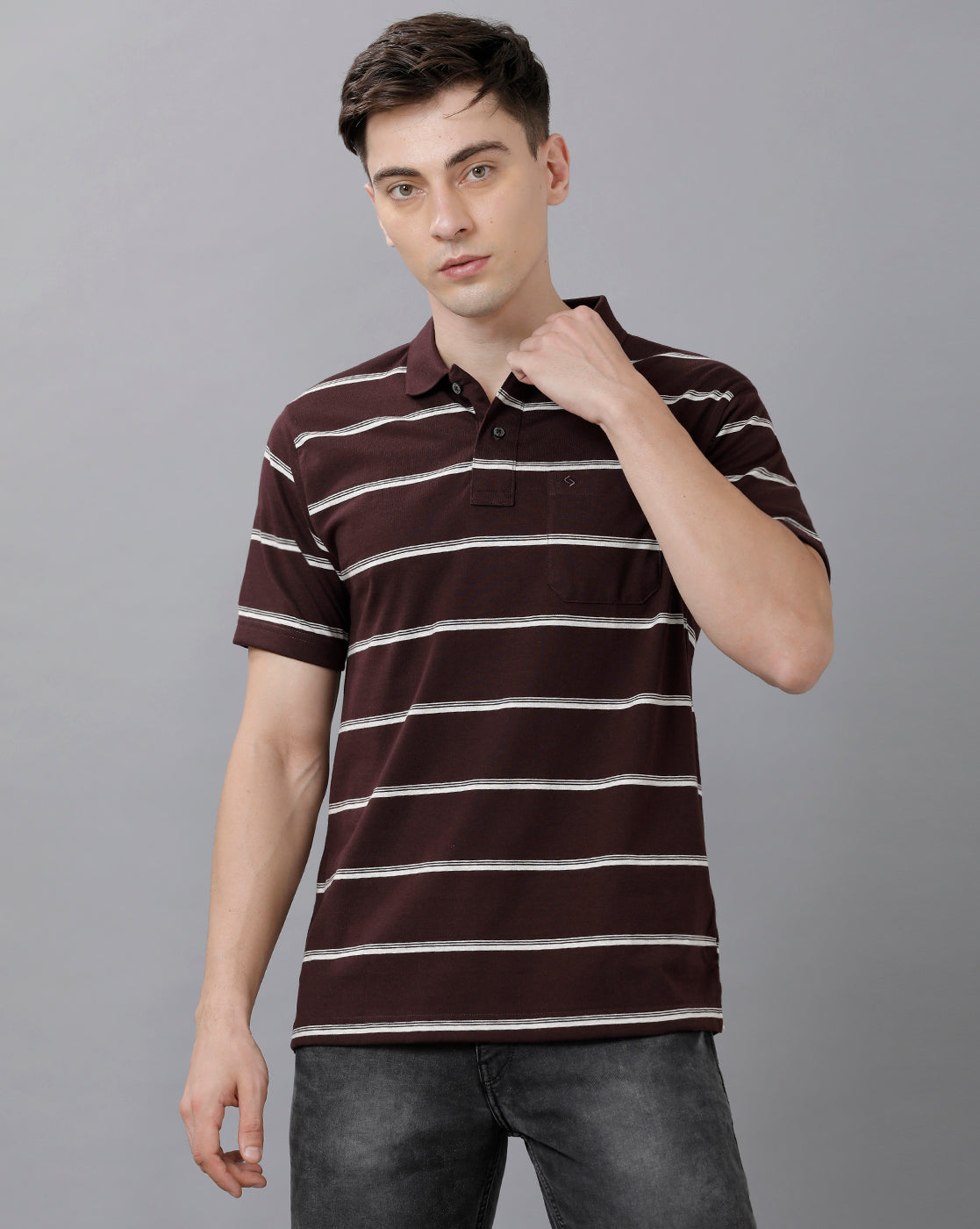 Classic Polo Mens Cotton Blend Striped Half Sleeve Authentic Fit Polo Neck Dark Brown Color T-Shirt | Avon 504 B