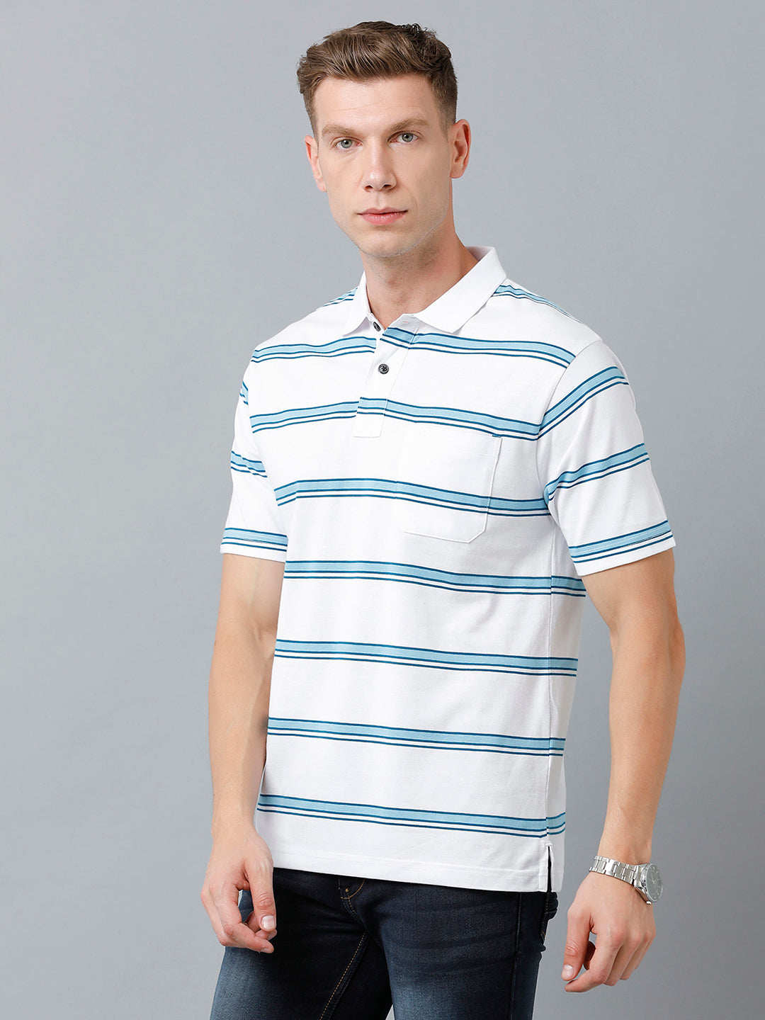 Classic Polo Men's Cotton Blend Half Sleeve Striped Authentic Fit Polo Neck White Color T-Shirt | Avon - 522 A