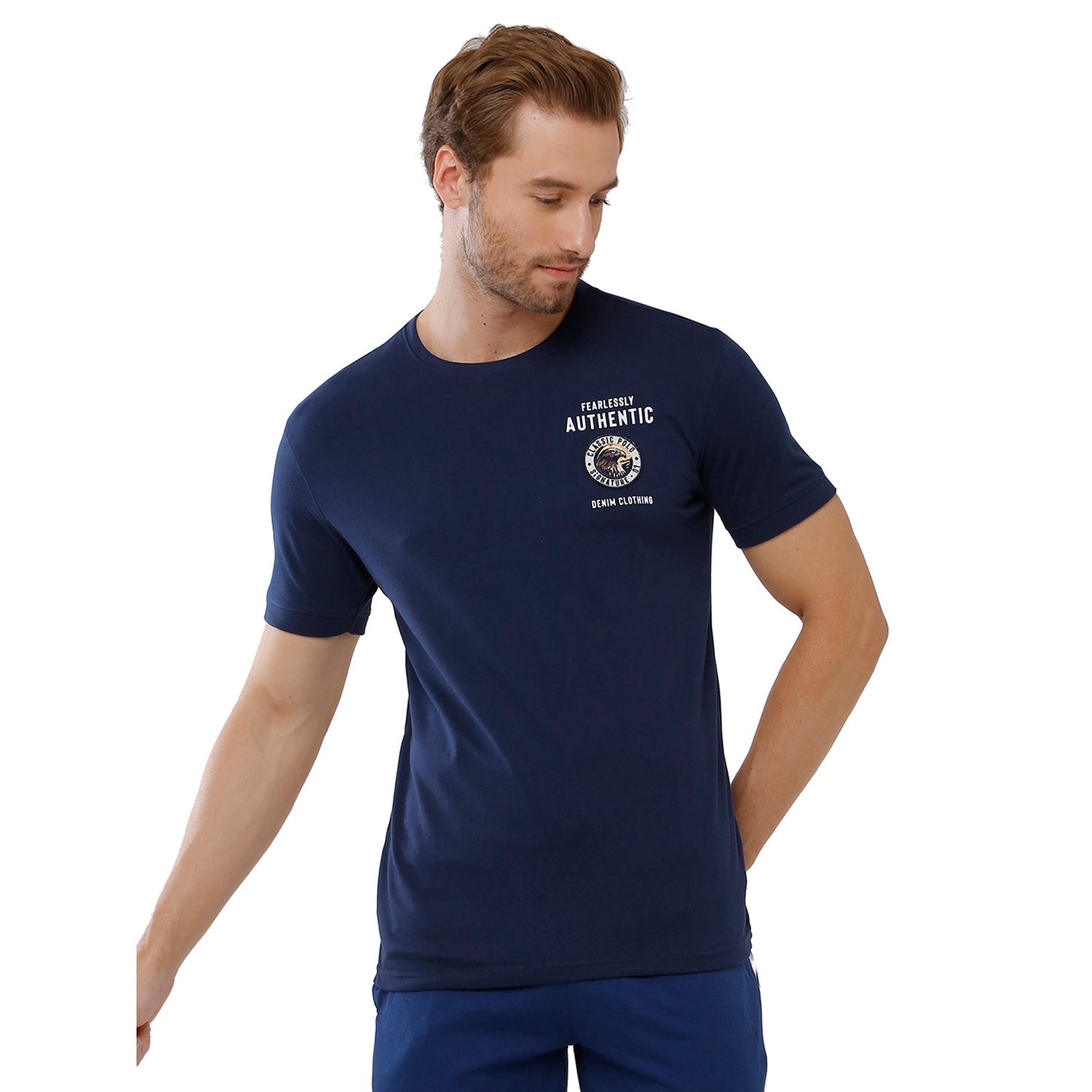 Classic Polo Mens Cotton Slim Fit Crew Neck Blue Color T-Shirt - Baleno 407 A T-shirt Classic Polo 