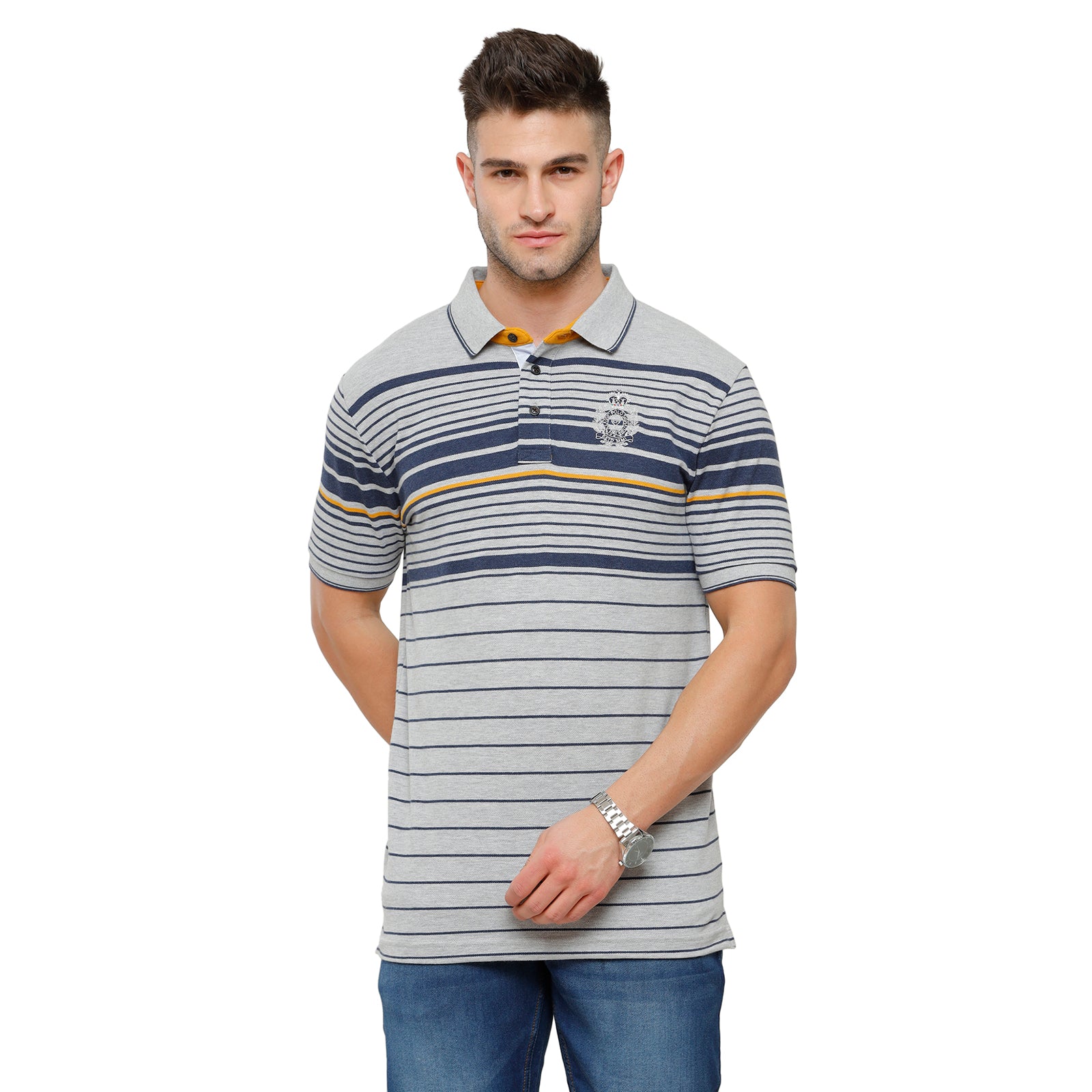 Classic Polo Mens Grey Stripped Half Sleeve Slim Fit Polo Neck T-Shirt - VTA 183B T-shirt Classic Polo 
