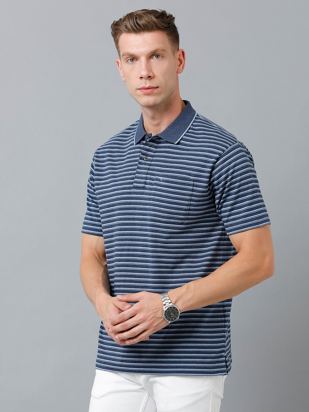 Classic Polo Men's Cotton Half Sleeve Striped Authentic Fit Polo Neck Navy Blue Color T-Shirt | Feeders - 225 B
