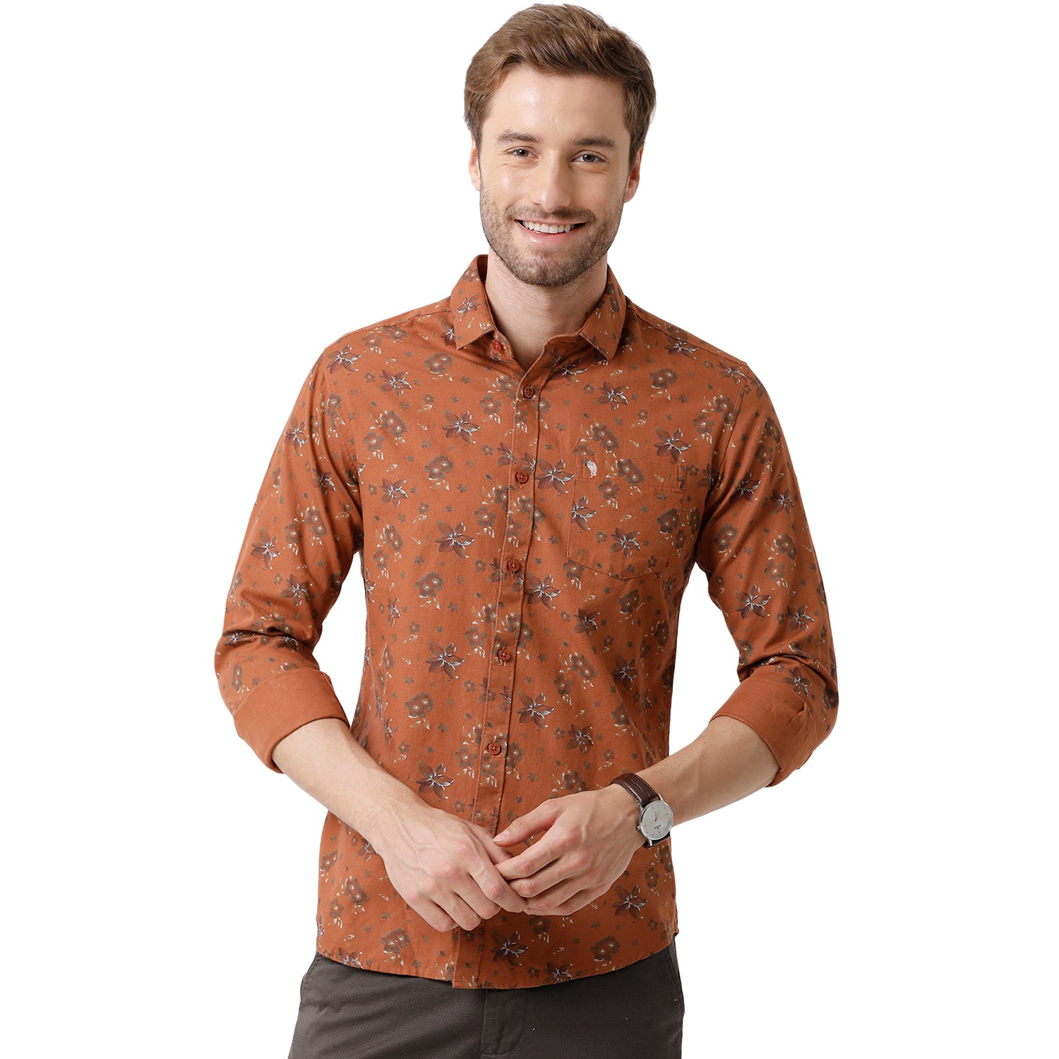 Swiss Club Mens Brown Color Slim Fit Full Sleeve Shirt - S-SC-100 B-FS-PRT-BSL Shirts Swiss Club 