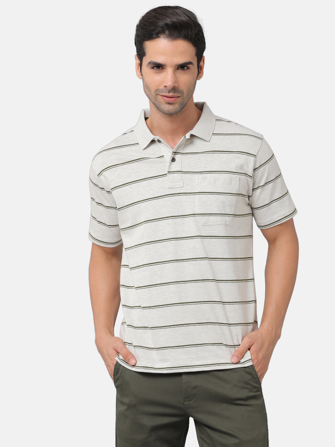 Classic Polo Mens Cotton Blend Striped Authentic Fit Polo Neck Light Grey Color T-Shirt | Avon 479b