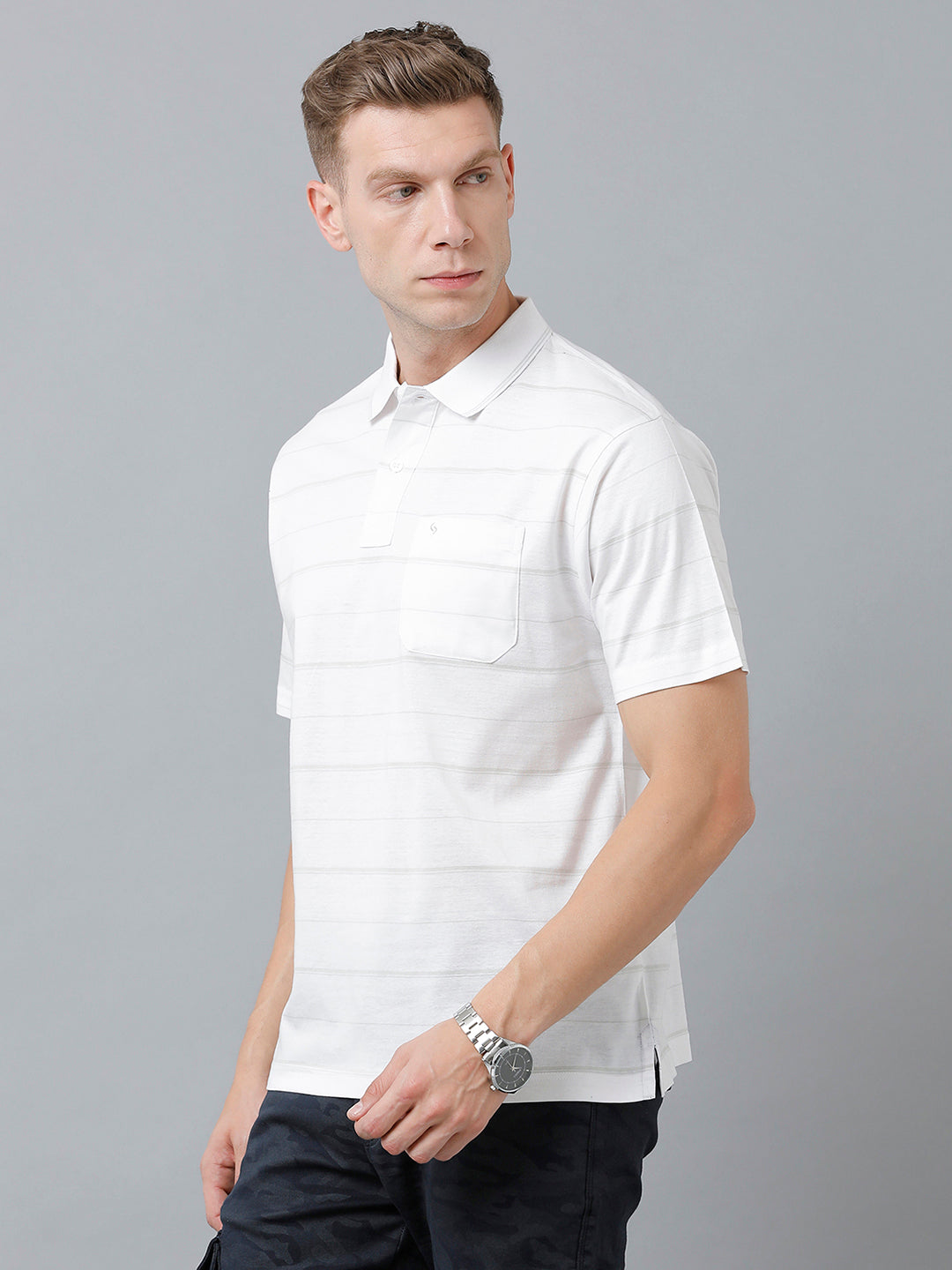 Classic Polo Men's Cotton Half Sleeve Striped Authentic Fit Polo Neck White Color T-Shirt | Ap - 81 A