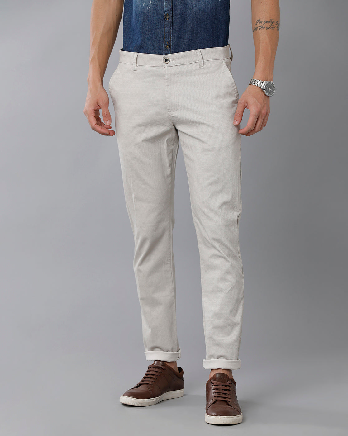 Classic Polo Men's 100% Cotton Moderate Fit Solid Cream Color Trouser | TO1-34 A-STN