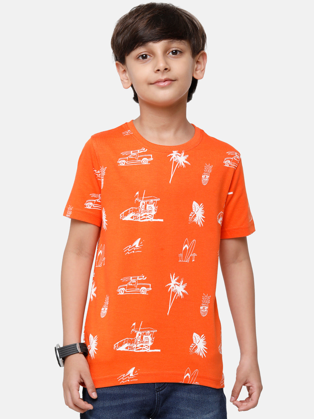CP BRO BOYS Orange Printed Slim Fit Round Neck T-Shirt