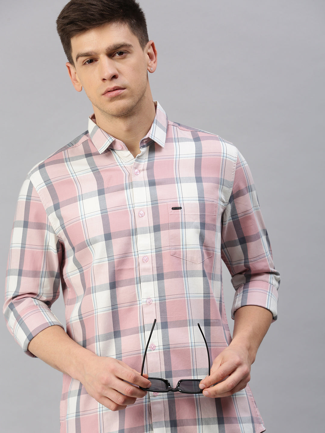 Classic Polo Men's Cotton Full Sleeve Checked Slim Fit Polo Neck Pink Color Woven Shirt | So1-98 A
