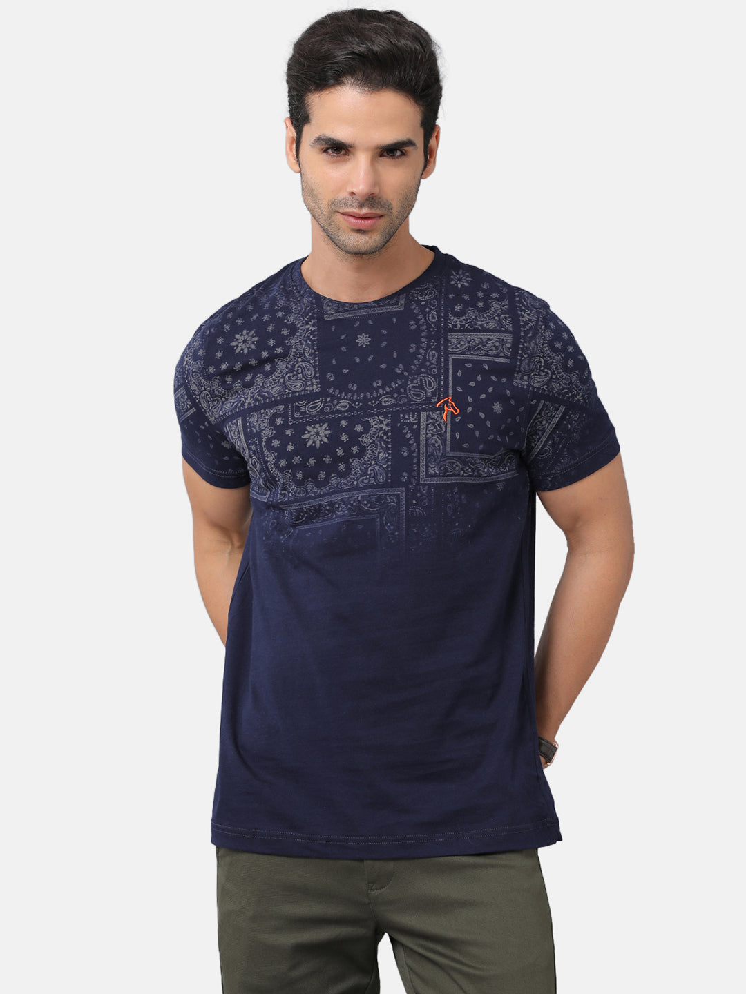 CP BRO Men's Cotton Printed Slim Fit Round Neck Navy Blue Color T-Shirt | Brcn-510