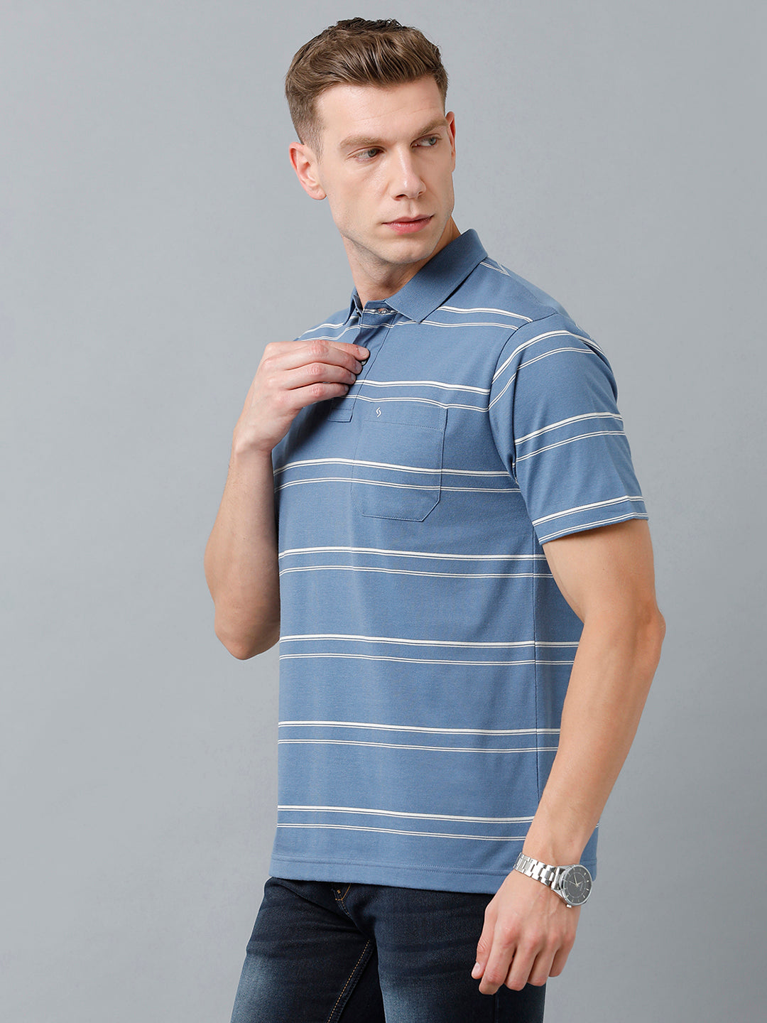 Classic Polo Men's Cotton Blend Half Sleeve Striped Authentic Fit Polo Neck Blue Color T-Shirt | Avon - 515 A