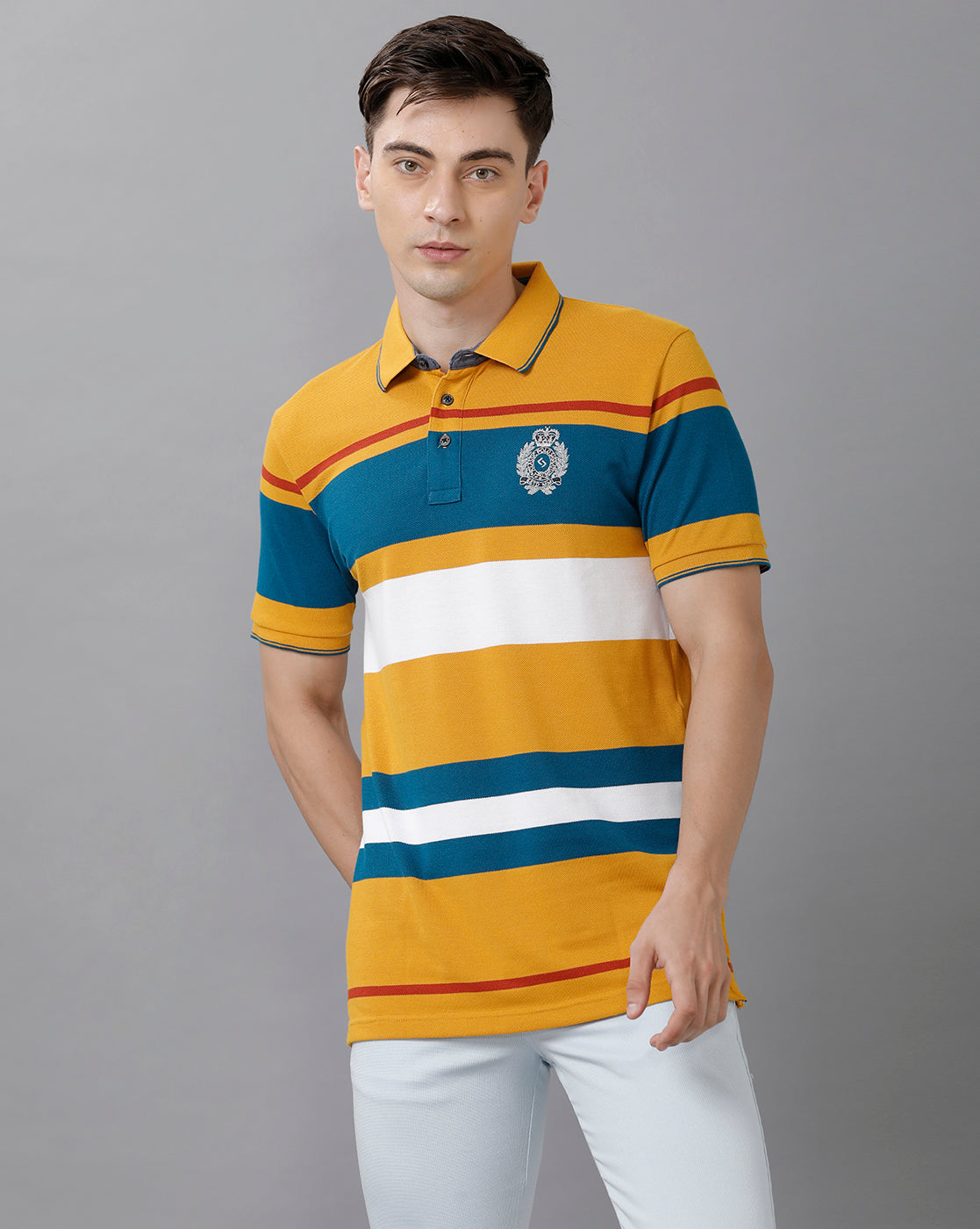 Classic Polo Men's Cotton Blend Striped Half Sleeve Slim Fit Polo Neck Multicolor T-Shirt | HS-VTA - 01 A