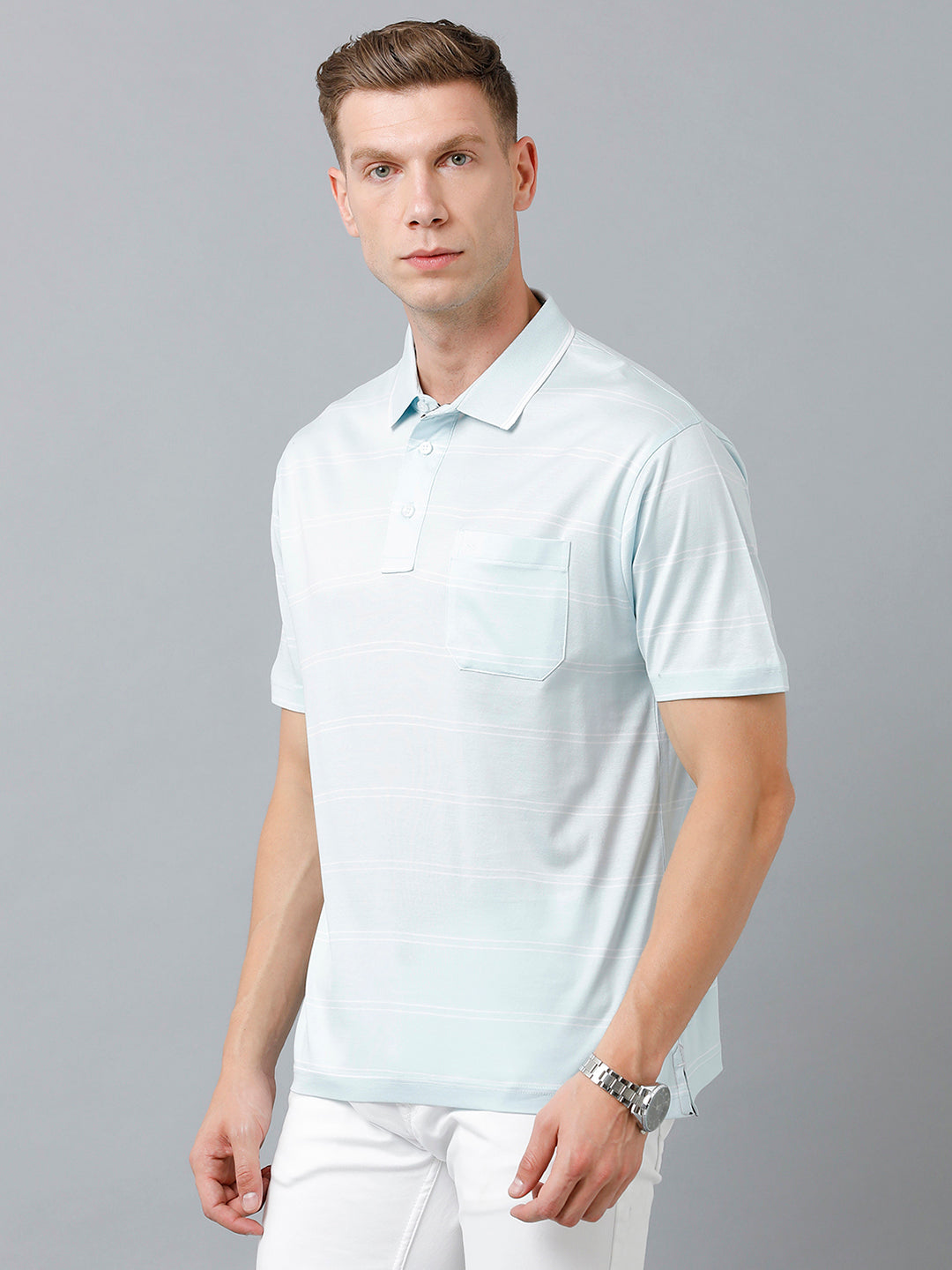 Classic Polo Men's Cotton Half Sleeve Striped Authentic Fit Polo Neck Sky Blue Color T-Shirt | Ultimo - 303 B