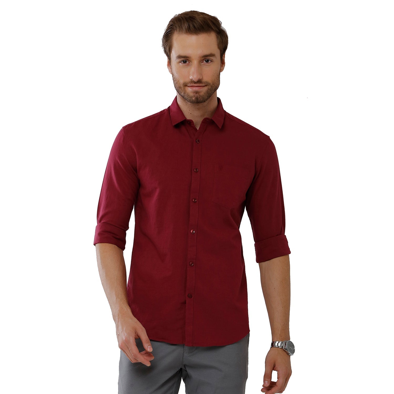 Classic Polo Mens 100% Cotton Solid Milano Fit Maroon Color Woven Shirt - Mica Maroon FS Classic Polo 
