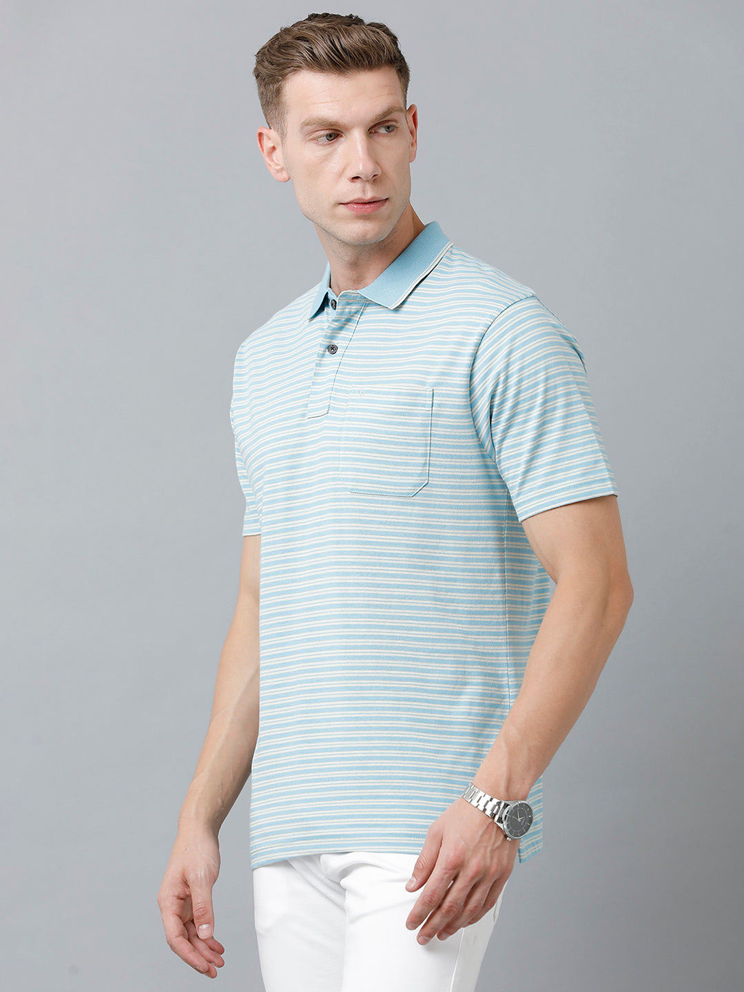 Classic Polo Men's Cotton Half Sleeve Striped Authentic Fit Polo Neck Sky Blue Color T-Shirt | Feeders - 212 B