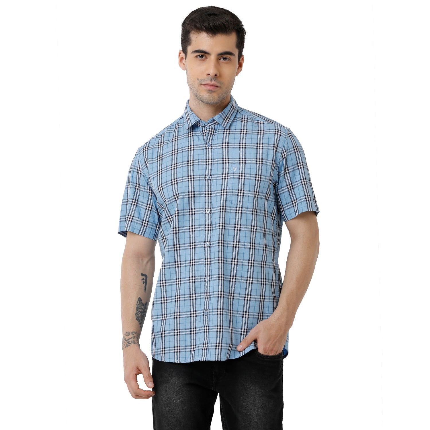 Classic Polo Mens Checked Slim Fit Half Sleeve Azure Blue Color Shirt - SN1-121 A Shirts Classic Polo 