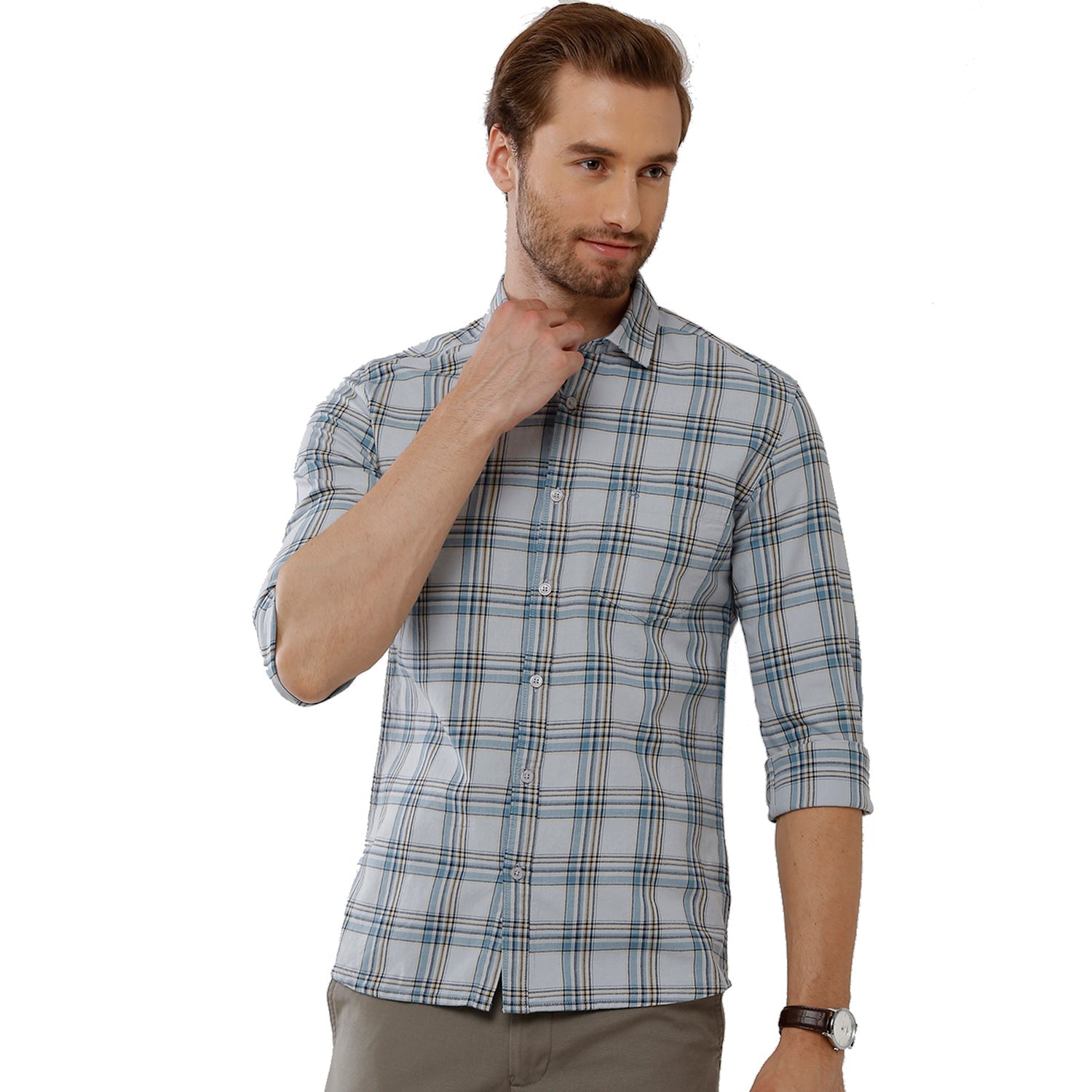 Classic Polo Bro Mens 100% Cotton Checked Full Sleeve Slim Fit Polo Neck Multicolor Woven Shirt (SBN1-55 B-FS-CHK-BSL) Classic Polo 