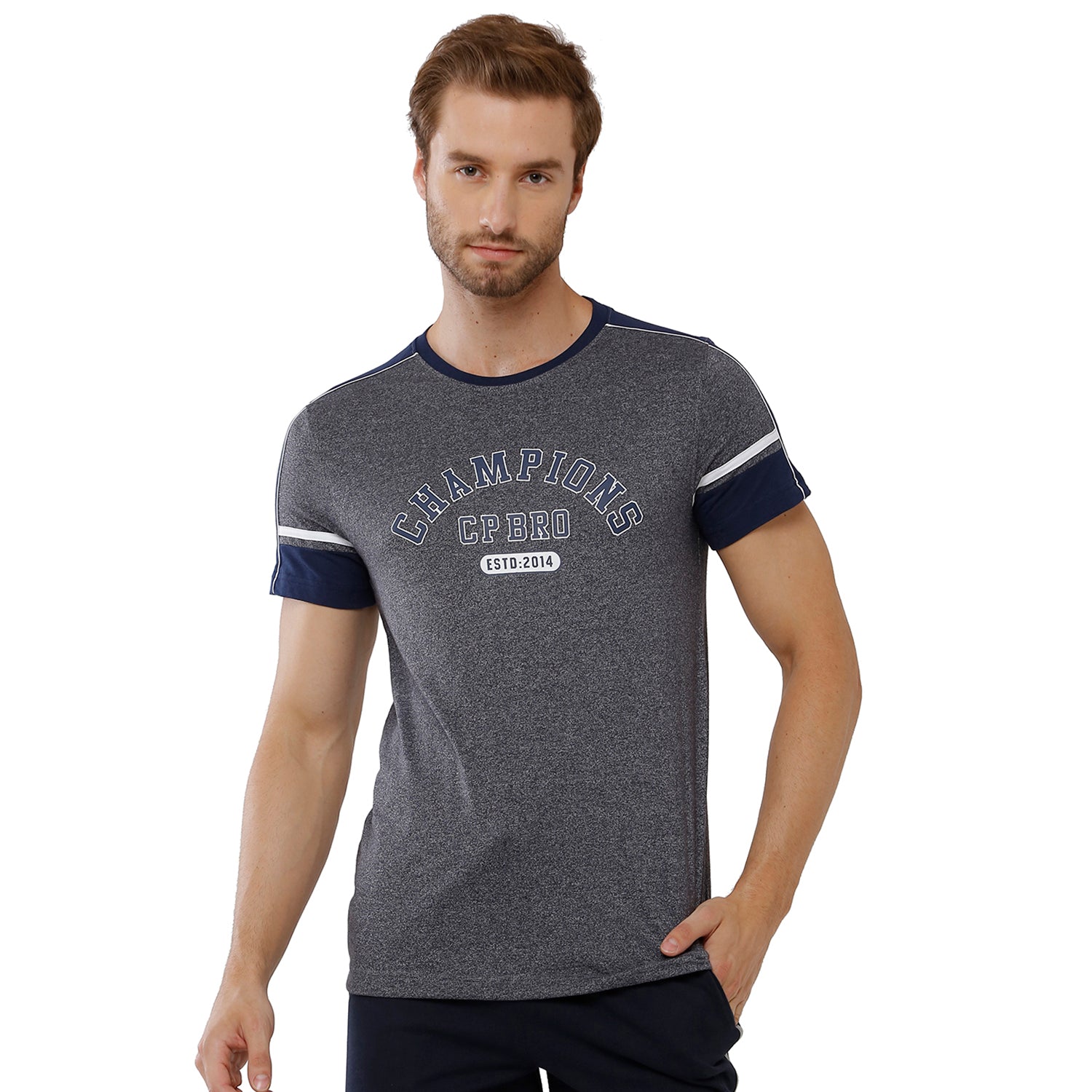 Classic Polo Bro Mens 100% Cotton Color Block Half Sleeve Slim Fit Crew Neck Grey Color T-Shirt (BRCN - 468 B SF C) Classic Polo 