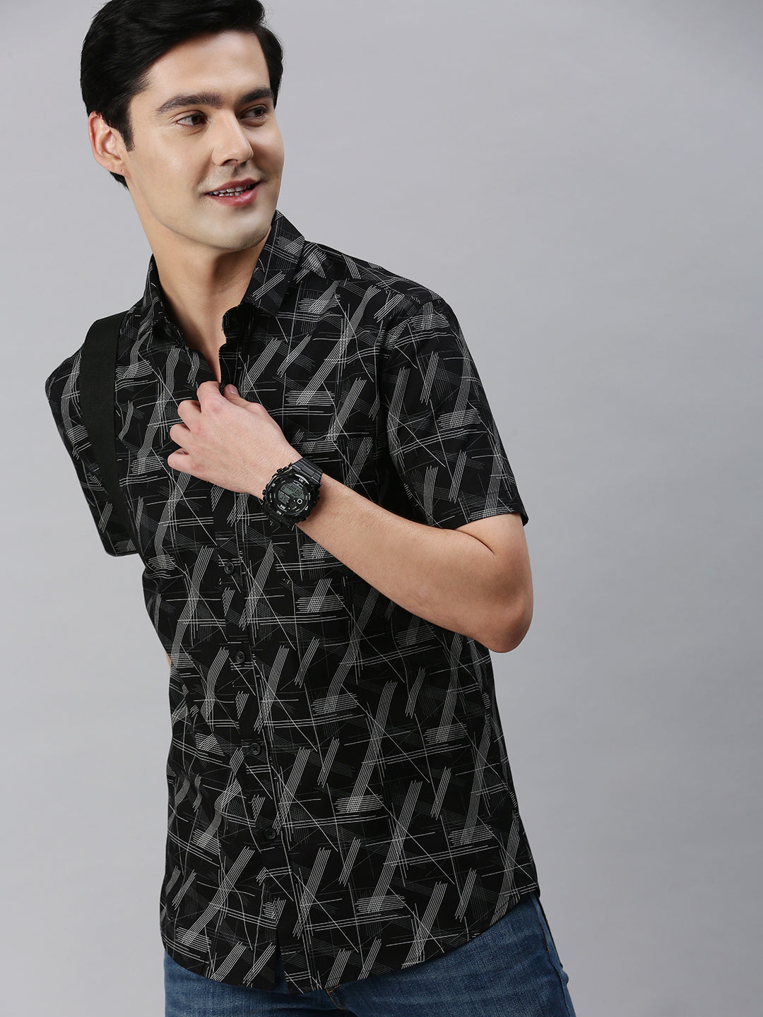 Classic Polo Men's Cotton Half Sleeve Printed Slim Fit Collar Neck Black Color Woven Shirt | So1-10 B