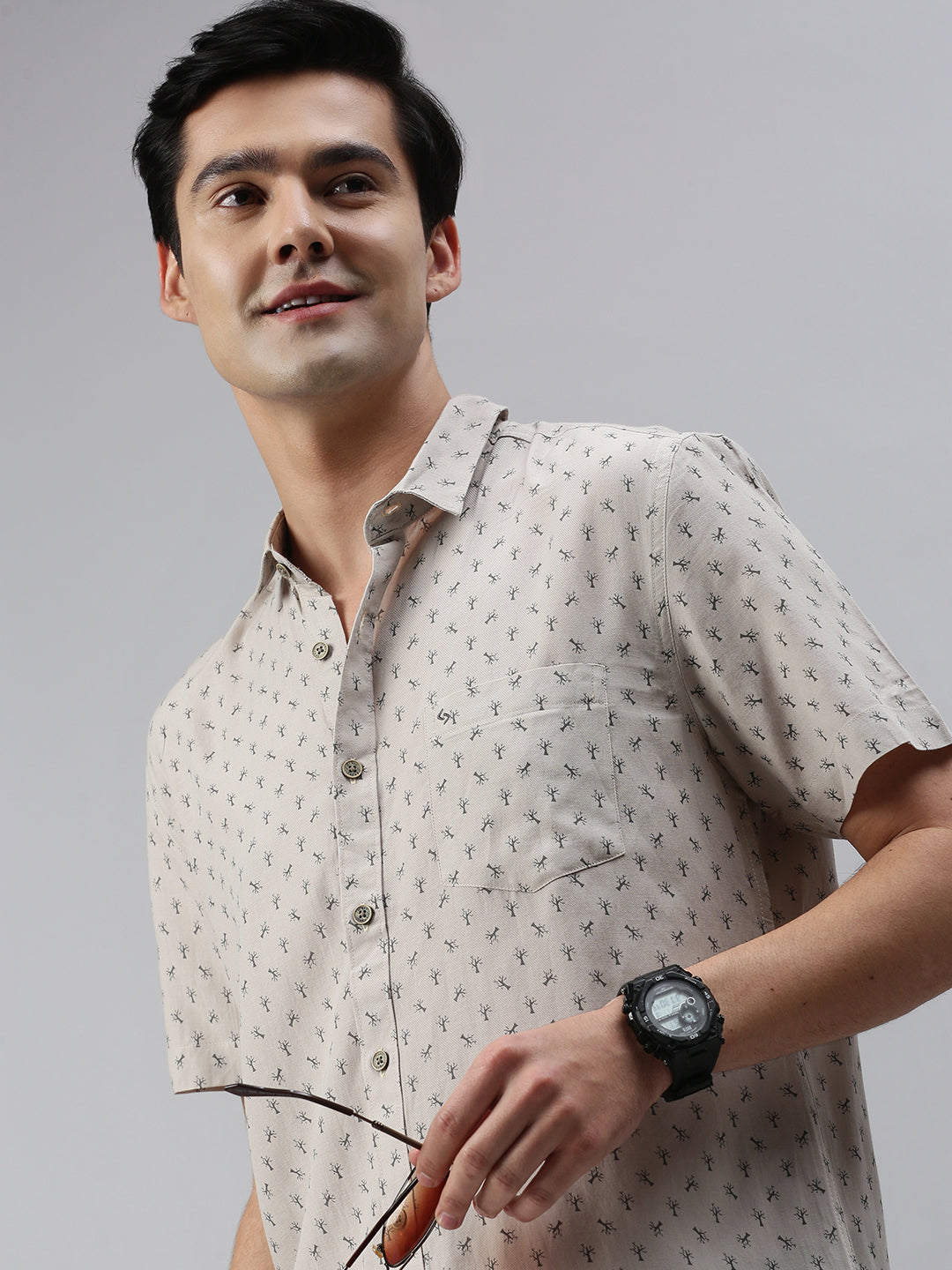 Classic Polo Men's Cotton Half Sleeve Printed Slim Fit Collar Neck Cream Color Woven Shirt | So1-151 B