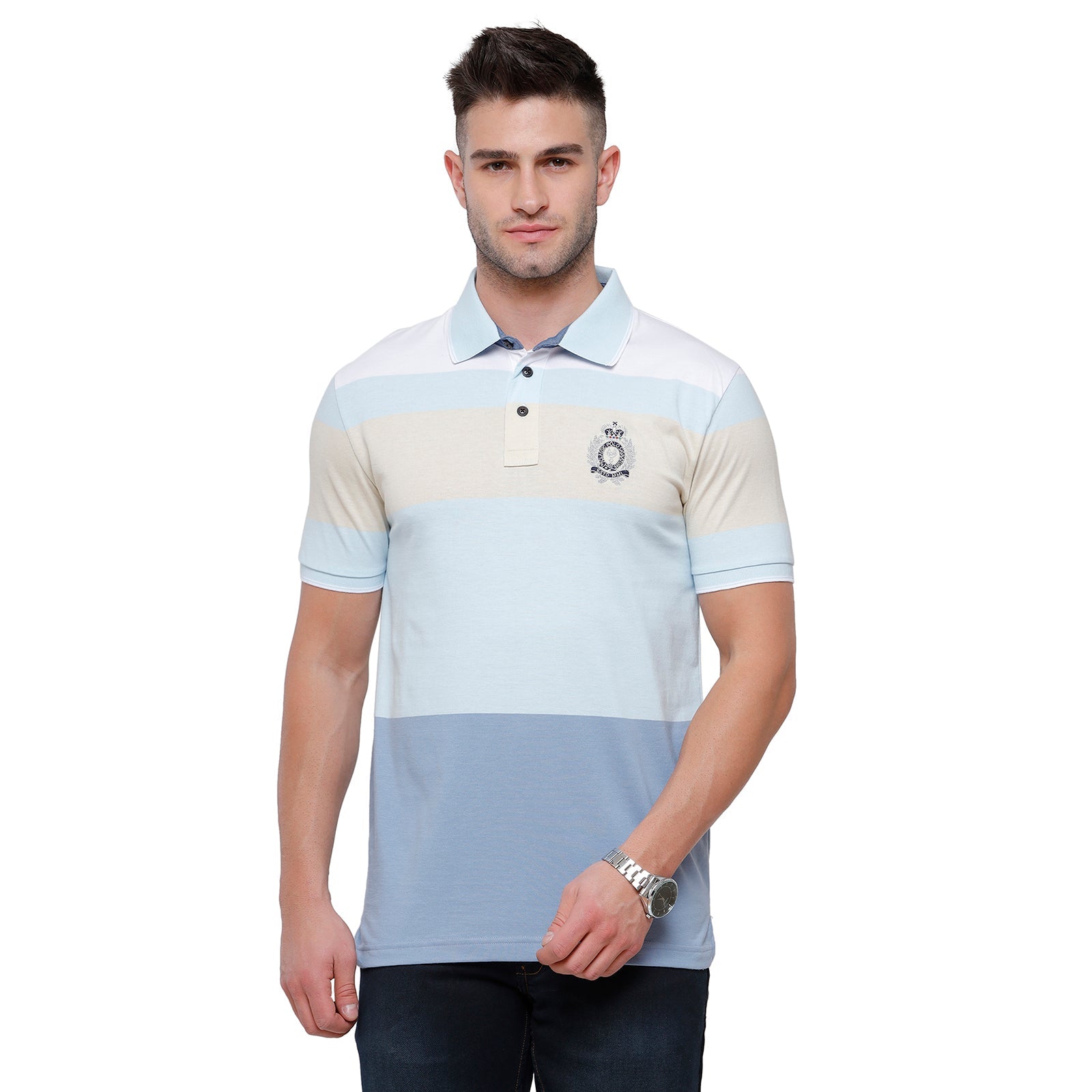 Classic Polo Mens Multi Blue Stripped Half Sleeve Slim Fit Polo Neck T-Shirt - Vta 182 B T-shirt Classic Polo 