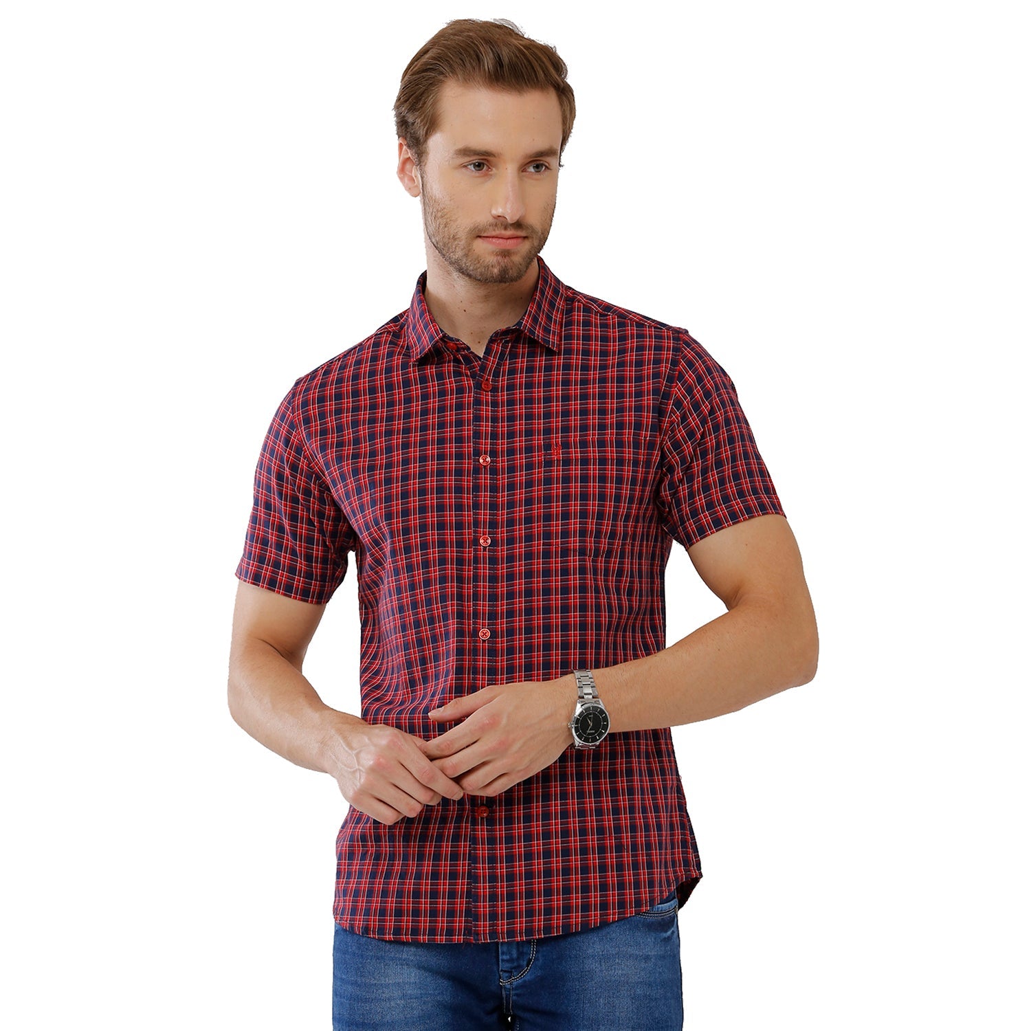 Classic Polo Mens 100% Cotton Half Sleeve Checked Slim Fit Maroon Woven Shirt -SN1 123 B Shirts Classic Polo 