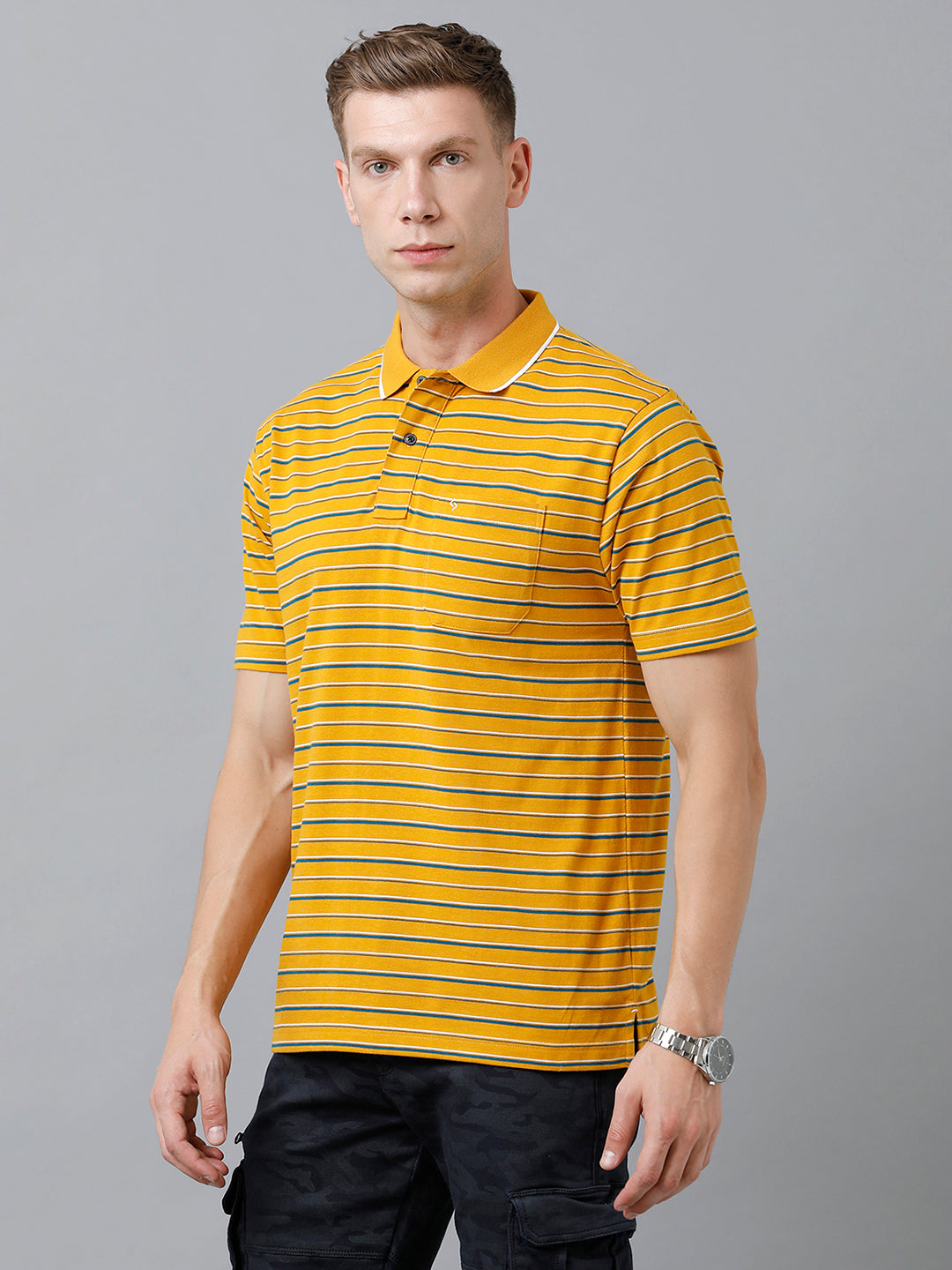 Classic Polo Men's Cotton Half Sleeve Striped Authentic Fit Polo Neck Golden Yellow Color T-Shirt | Feeders - 218 A