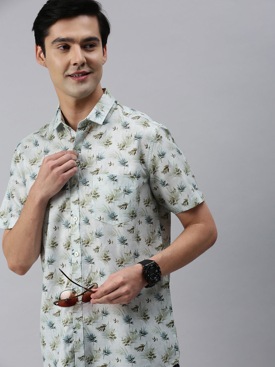 Classic Polo Men's Cotton Half Sleeve Printed Slim Fit Collar Neck Green Color Woven Shirt | So1-28 A